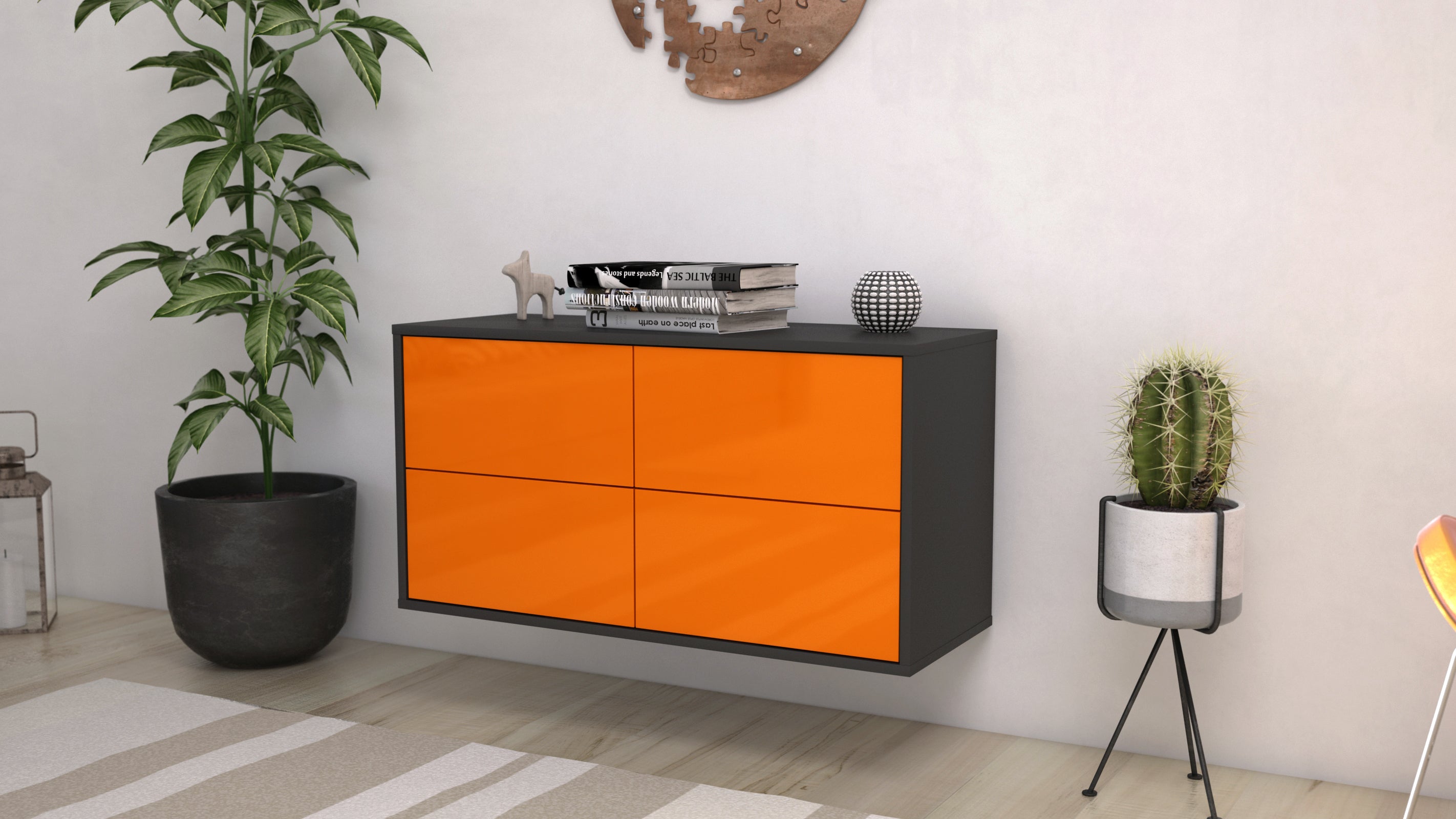Lowboard - Aella - Design Hochglanz - Wandmontage mit Push to Open 92 cm Anthrazit