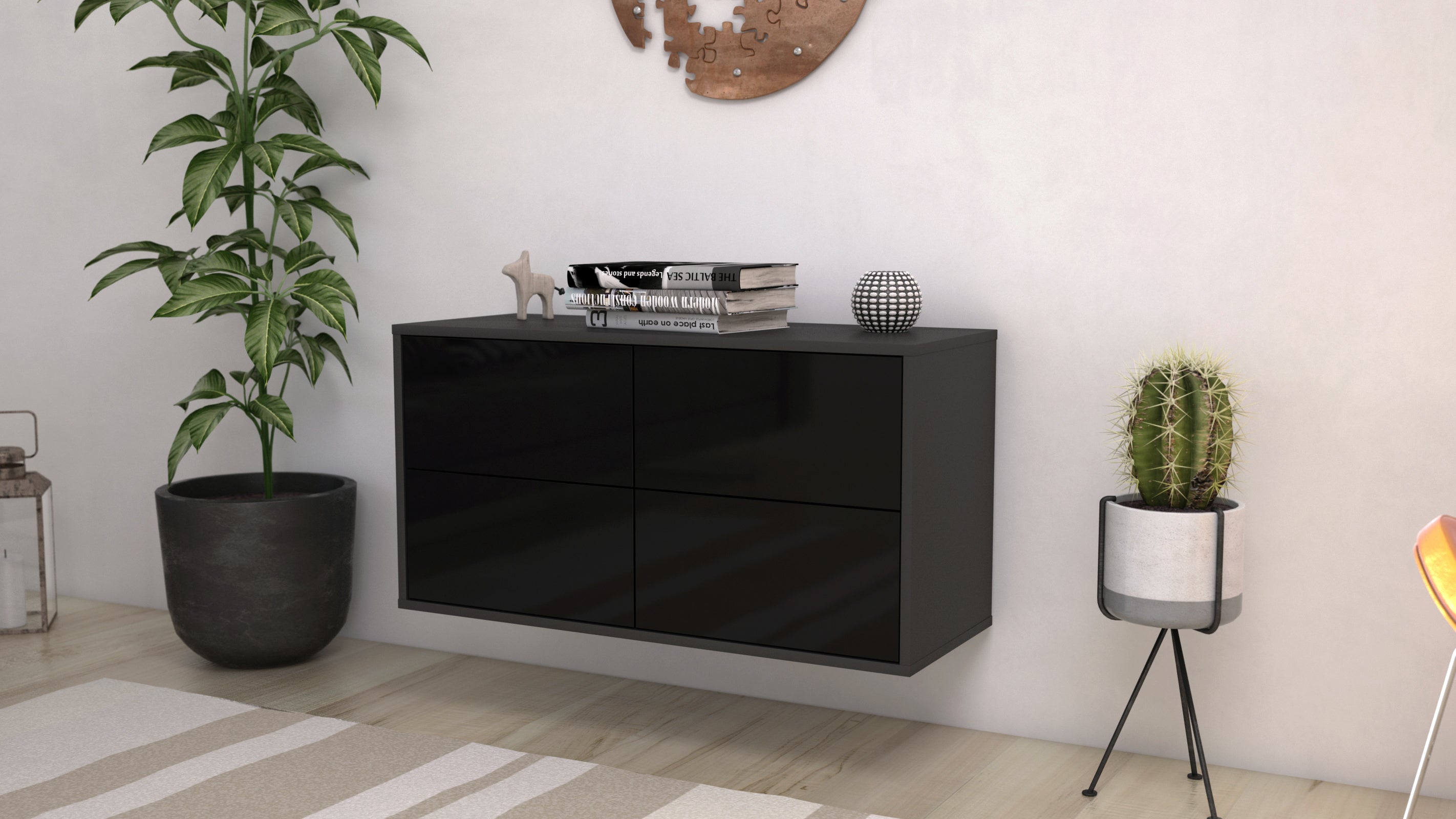Lowboard - Aella - Design Hochglanz - Wandmontage mit Push to Open 92 cm Anthrazit