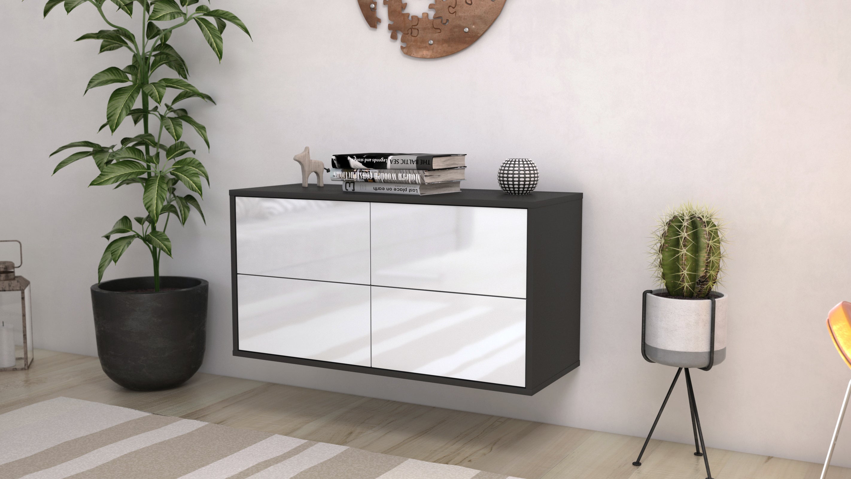 Lowboard - Aella - Design Hochglanz - Wandmontage mit Push to Open 92 cm Anthrazit