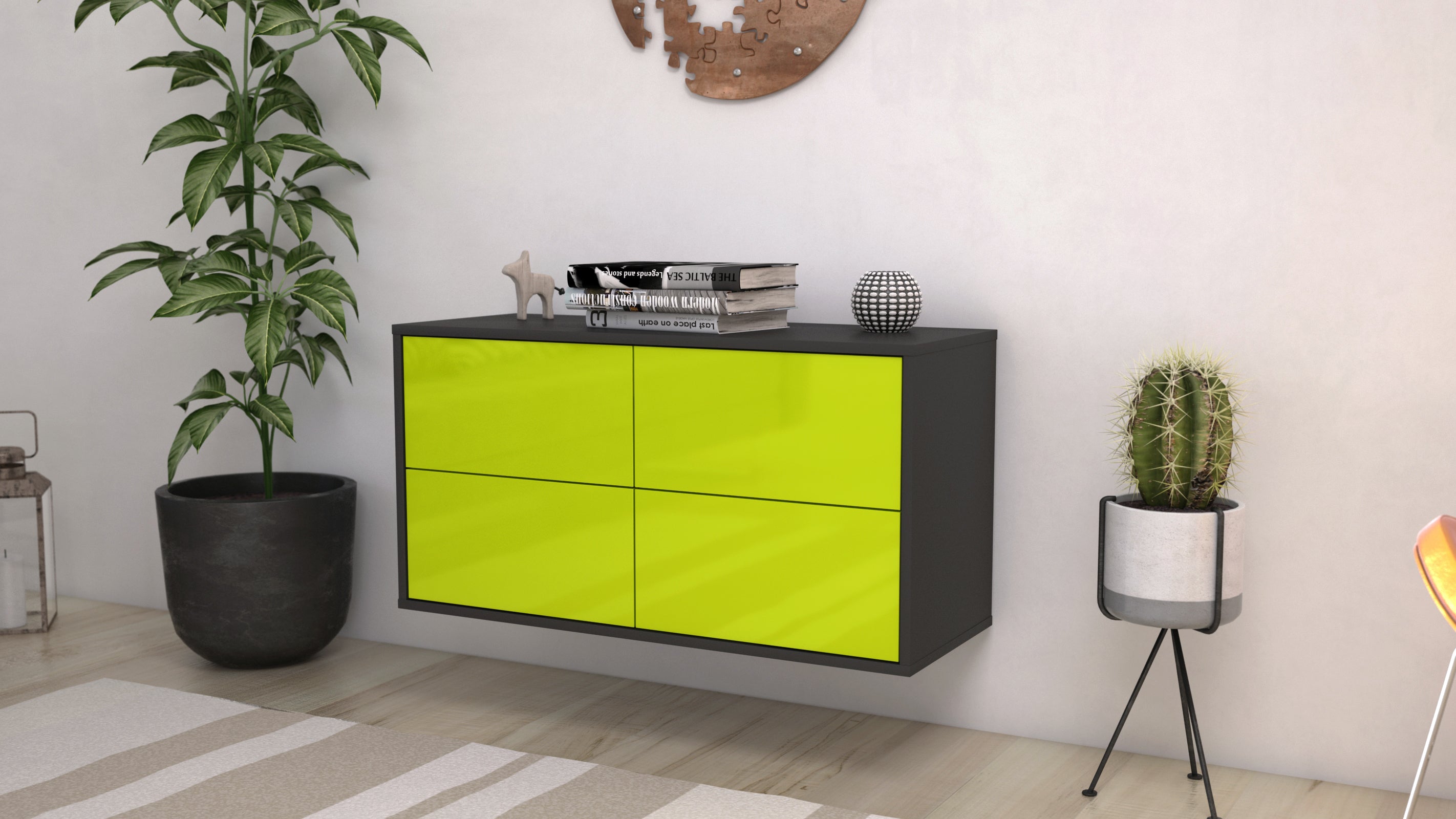 Lowboard - Aella - Design Hochglanz - Wandmontage mit Push to Open 92 cm Anthrazit