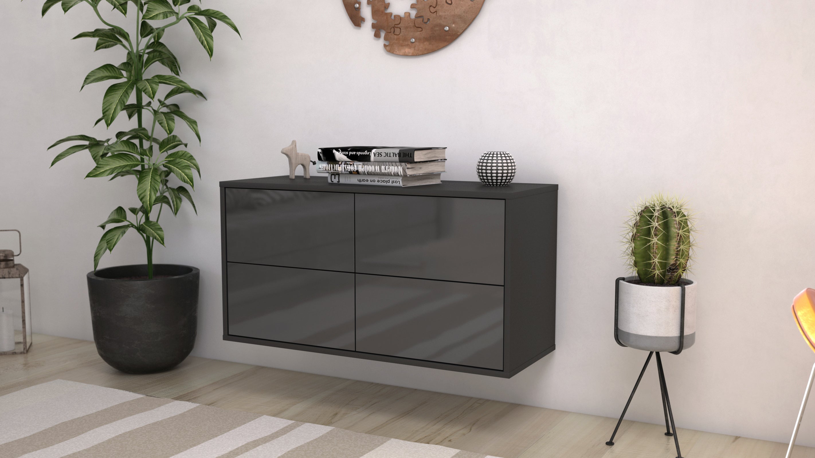 Lowboard - Aella - Design Hochglanz - Wandmontage mit Push to Open 92 cm Anthrazit