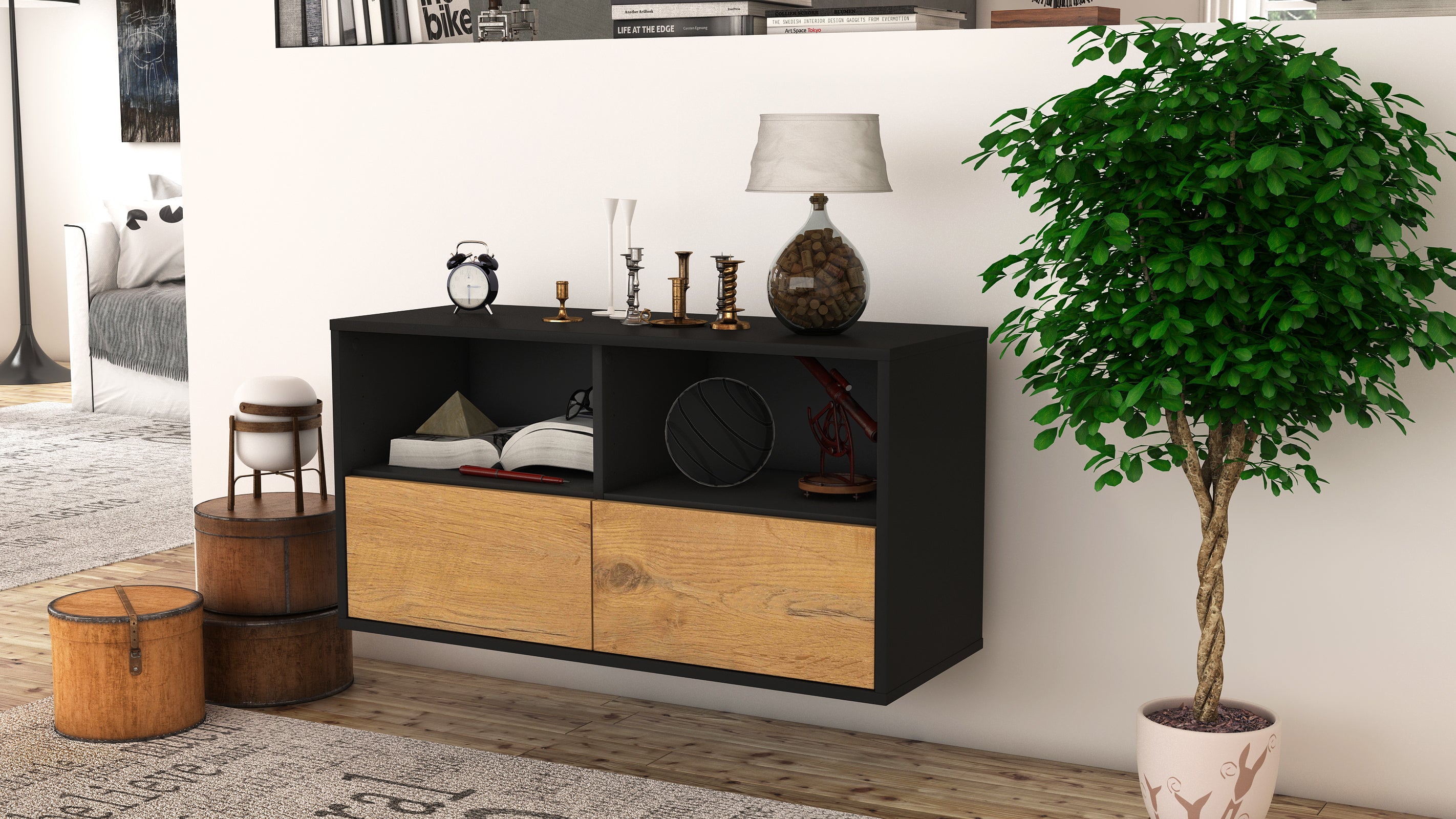 Lowboard - Aeon - Design Holzdekor - Wandmontage mit Push to Open 92 cm Anthrazit