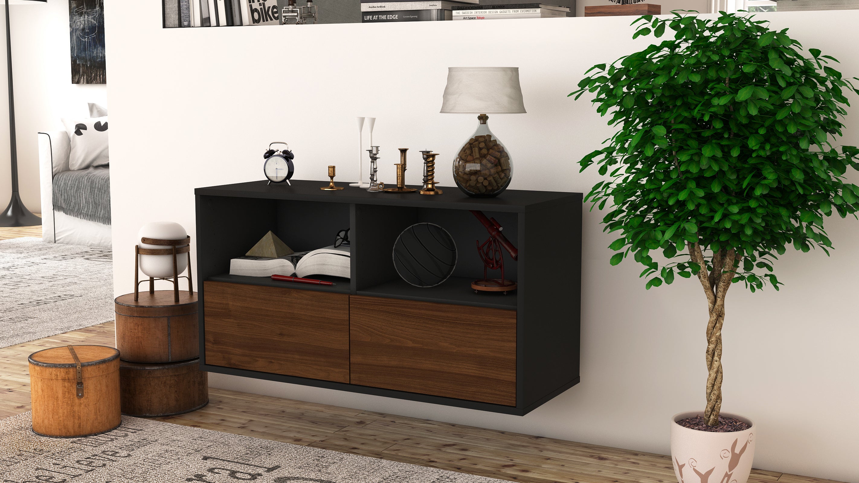Lowboard - Aeon - Design Holzdekor - Wandmontage mit Push to Open 92 cm Anthrazit