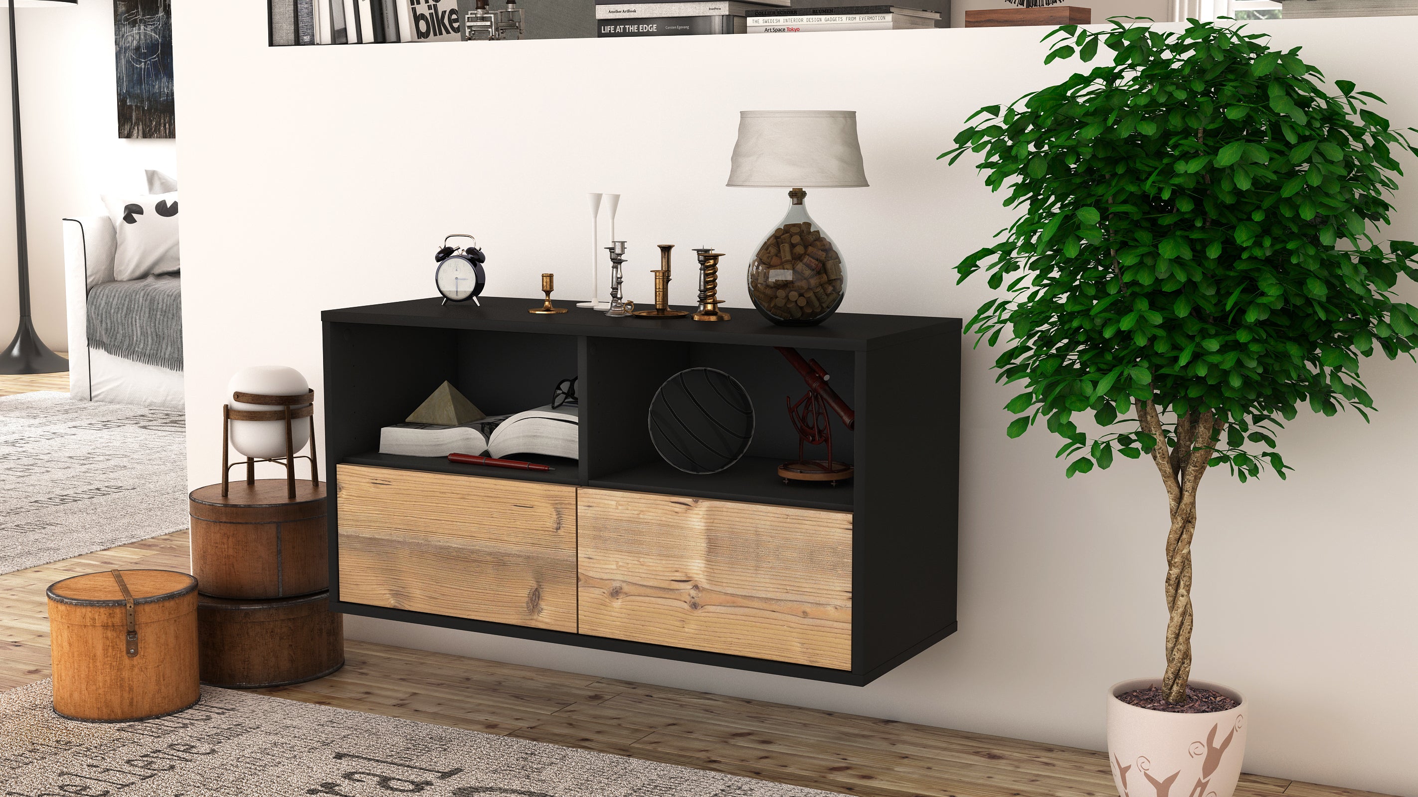 Lowboard - Aeon - Design Holzdekor - Wandmontage mit Push to Open 92 cm Anthrazit