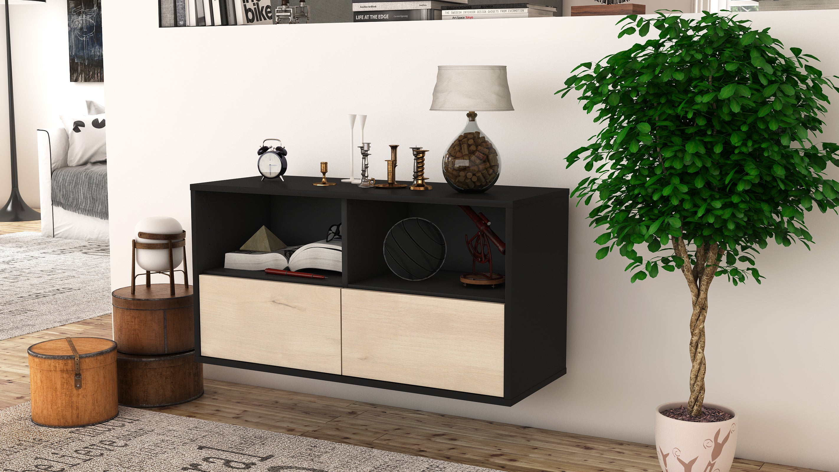 Lowboard - Aeon - Design Holzdekor - Wandmontage mit Push to Open 92 cm Anthrazit