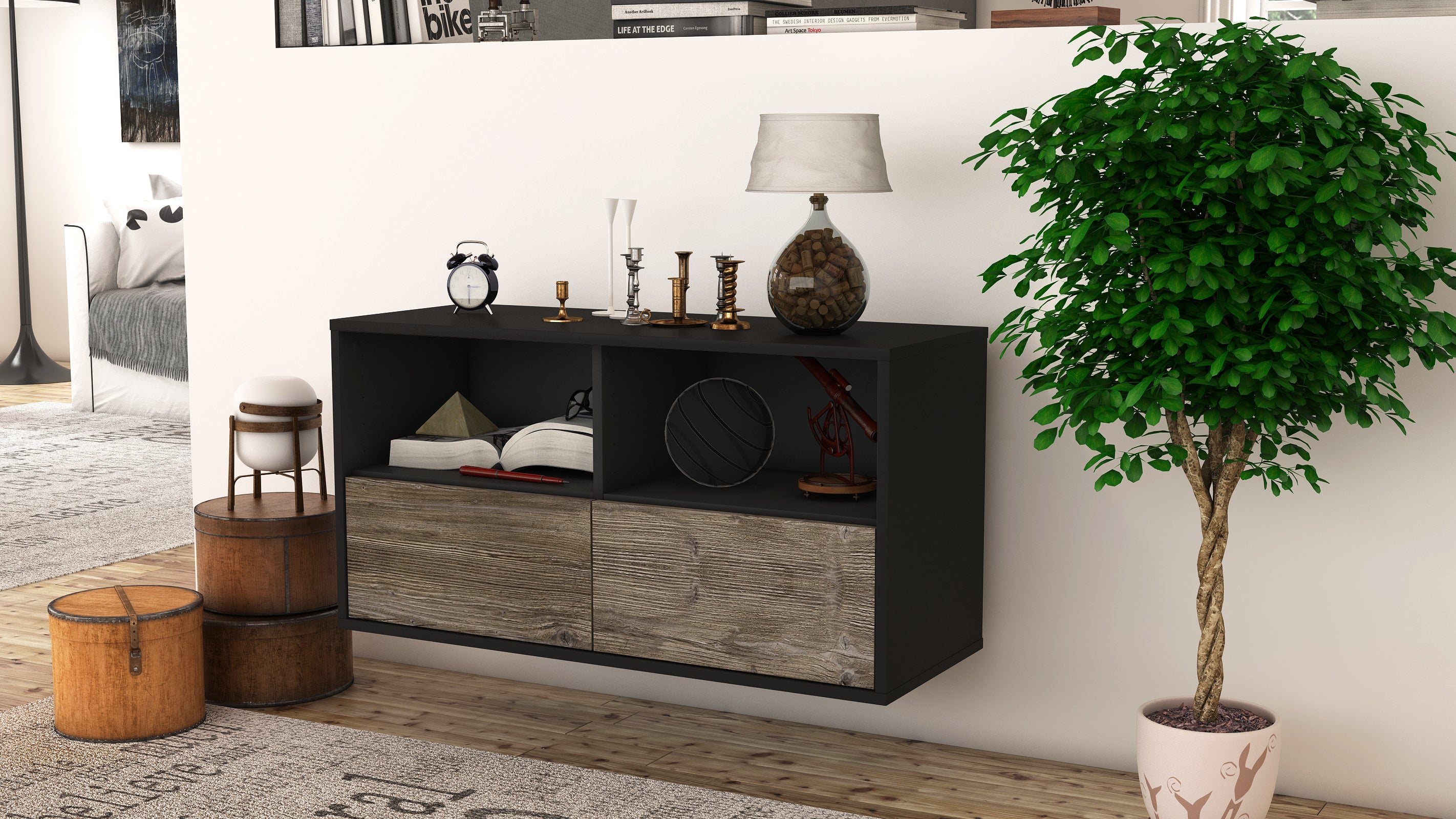 Lowboard - Aeon - Design Holzdekor - Wandmontage mit Push to Open 92 cm Anthrazit