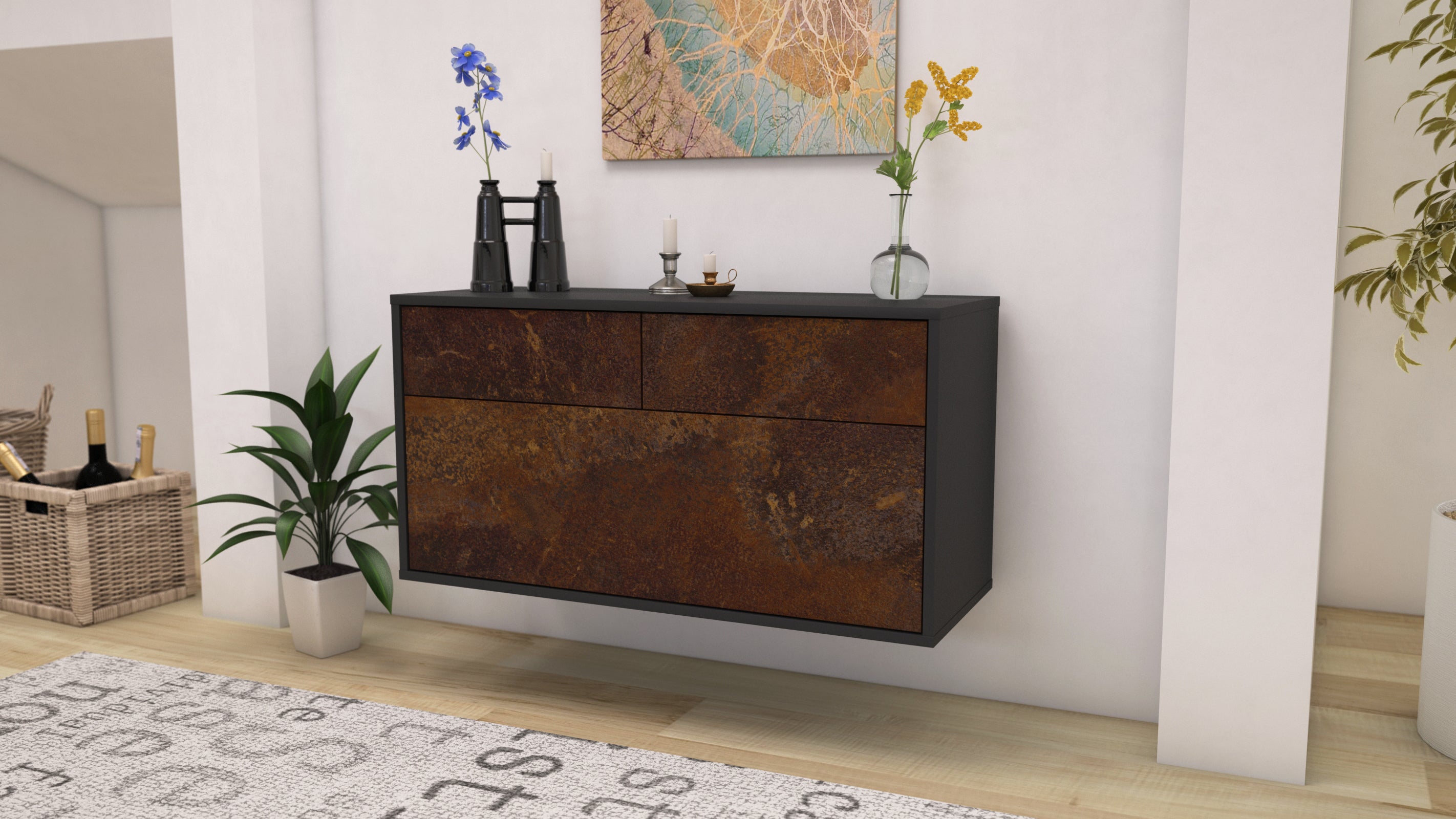 Lowboard - Agnese - Design Industrie Stil - Wandmontage mit Push to Open 92 cm Anthrazit