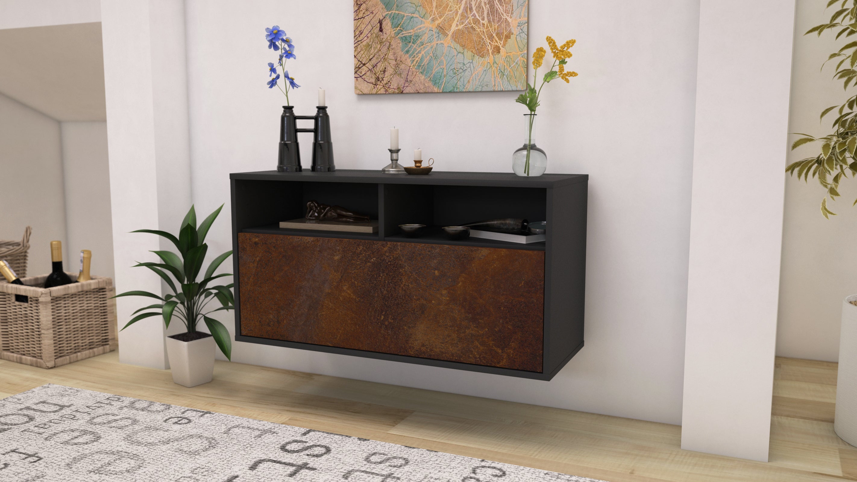 Lowboard - Agostina - Design Industrie Stil - Wandmontage mit Push to Open 92 cm Anthrazit