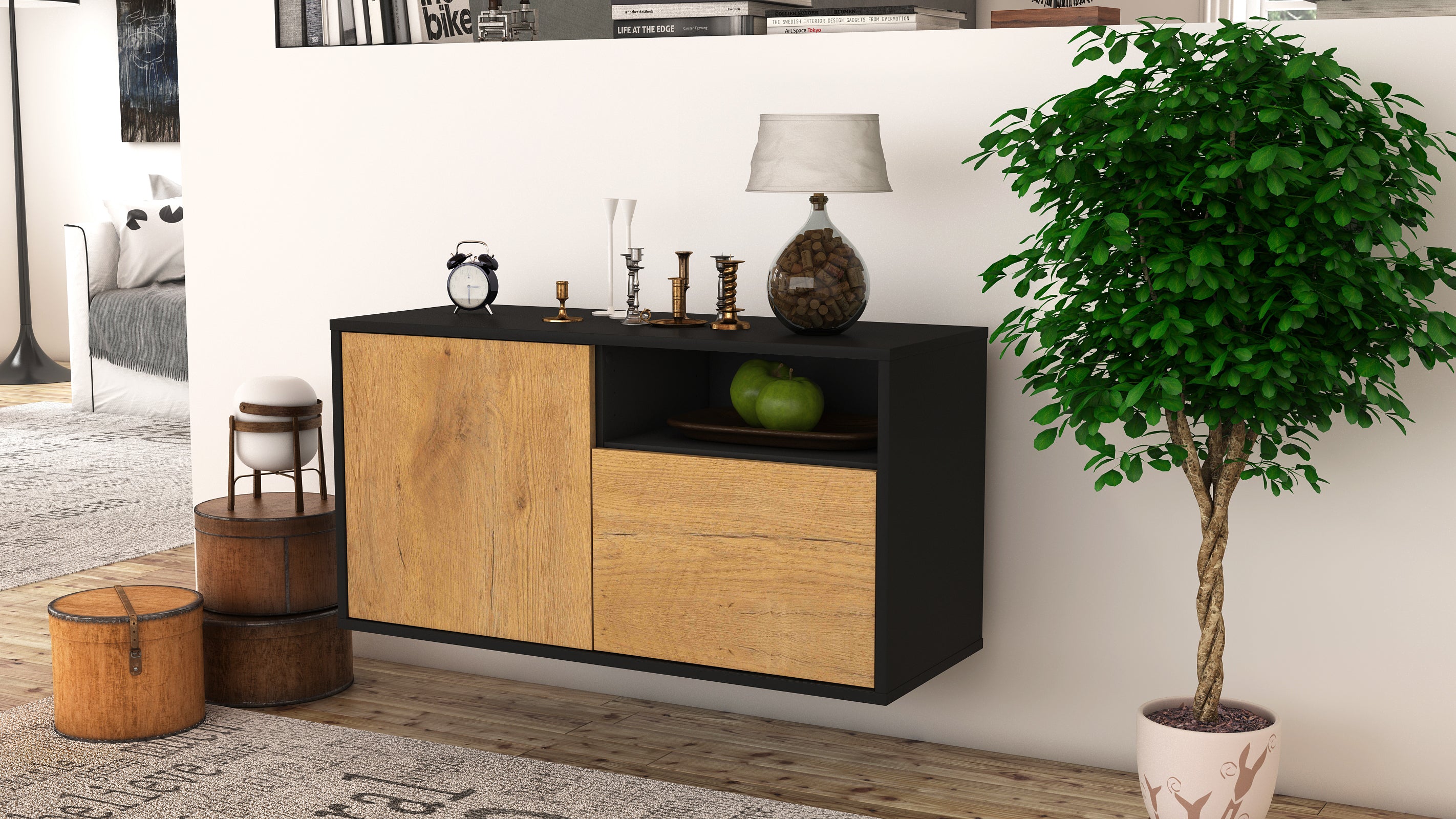 Lowboard - Ajda - Design Holzdekor - Wandmontage mit Push to Open 92 cm Anthrazit