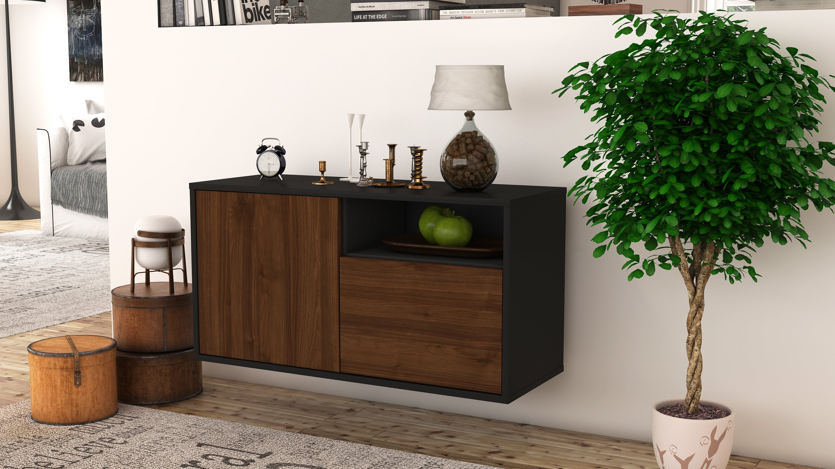 Lowboard - Ajda - Design Holzdekor - Wandmontage mit Push to Open 92 cm Anthrazit