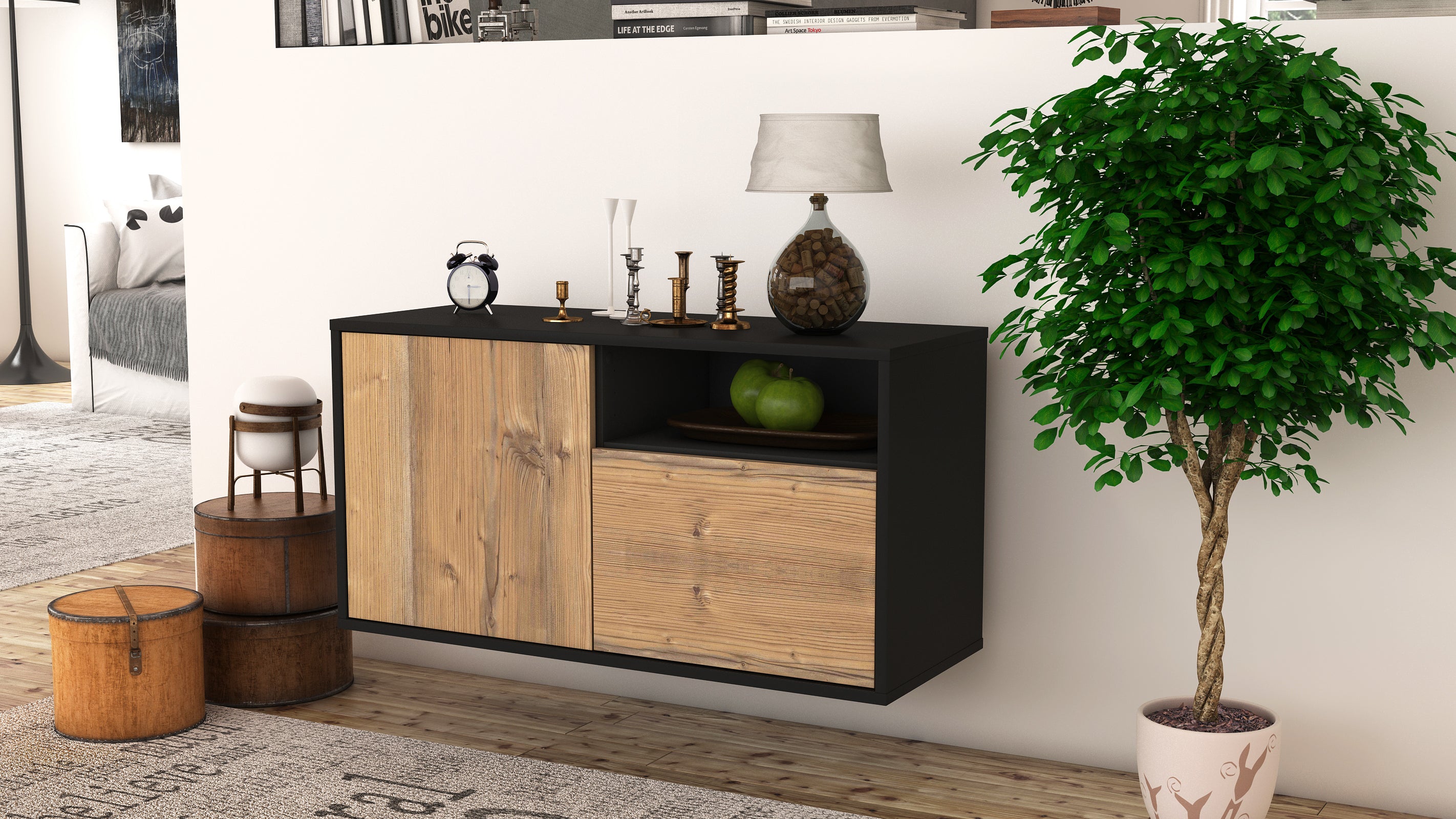 Lowboard - Ajda - Design Holzdekor - Wandmontage mit Push to Open 92 cm Anthrazit