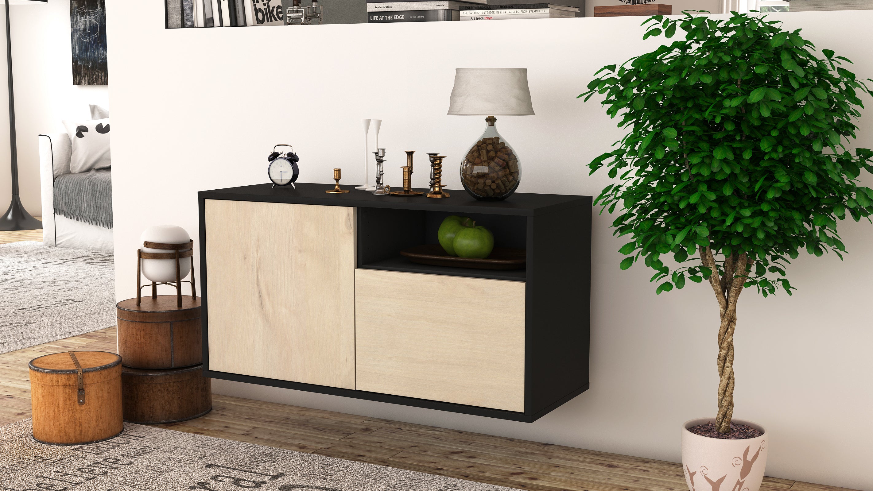 Lowboard - Ajda - Design Holzdekor - Wandmontage mit Push to Open 92 cm Anthrazit