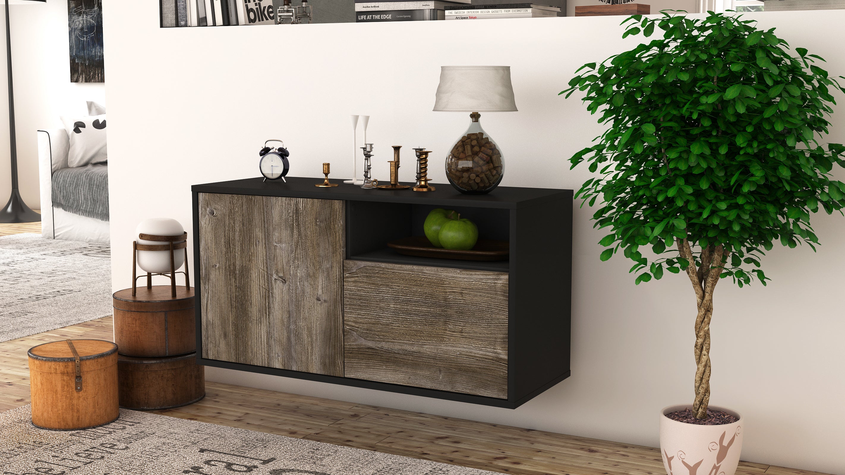 Lowboard - Ajda - Design Holzdekor - Wandmontage mit Push to Open 92 cm Anthrazit