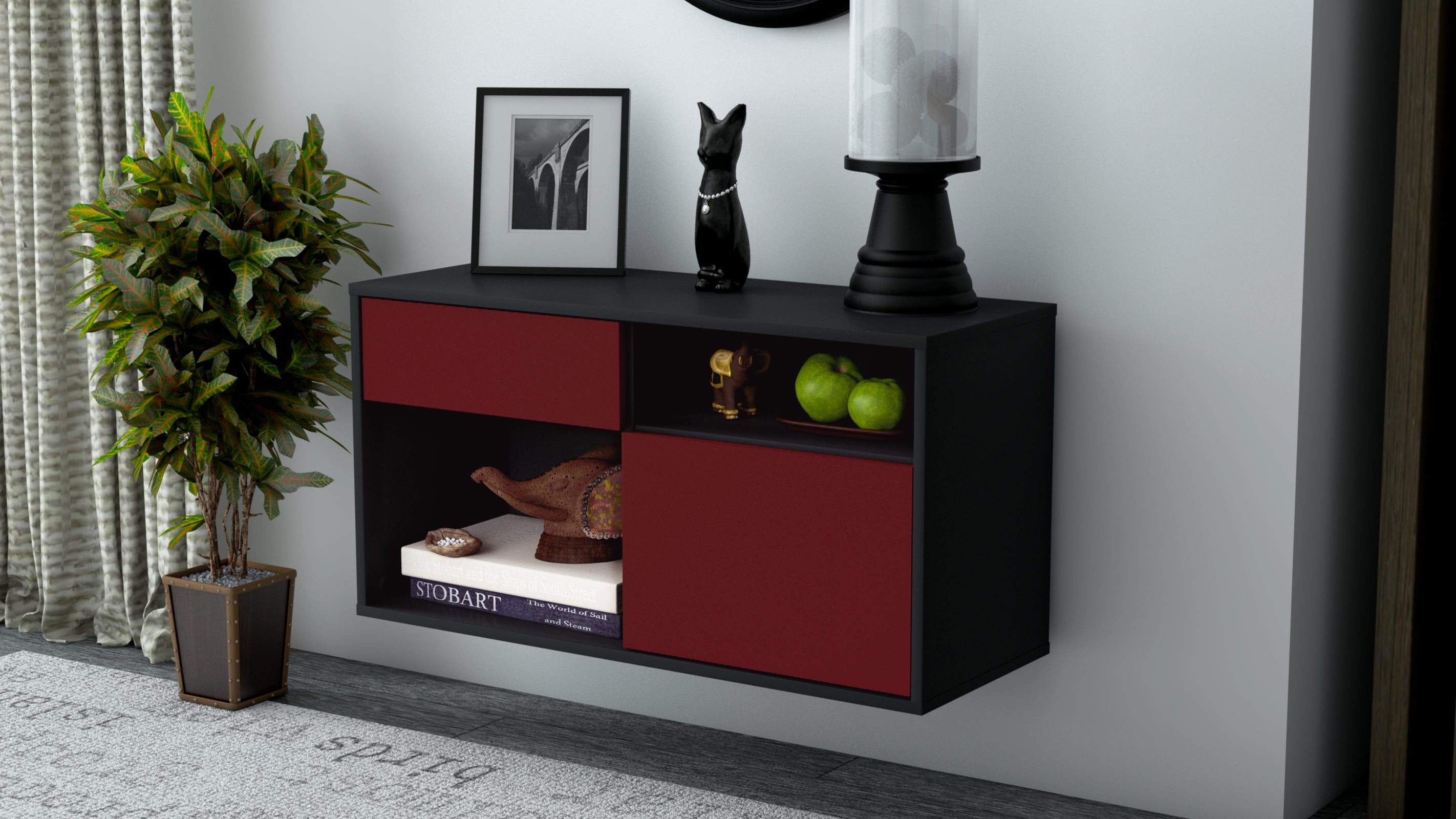 Lowboard - Albina - Design Farbakzent - Wandmontage mit Push to Open 92 cm Anthrazit