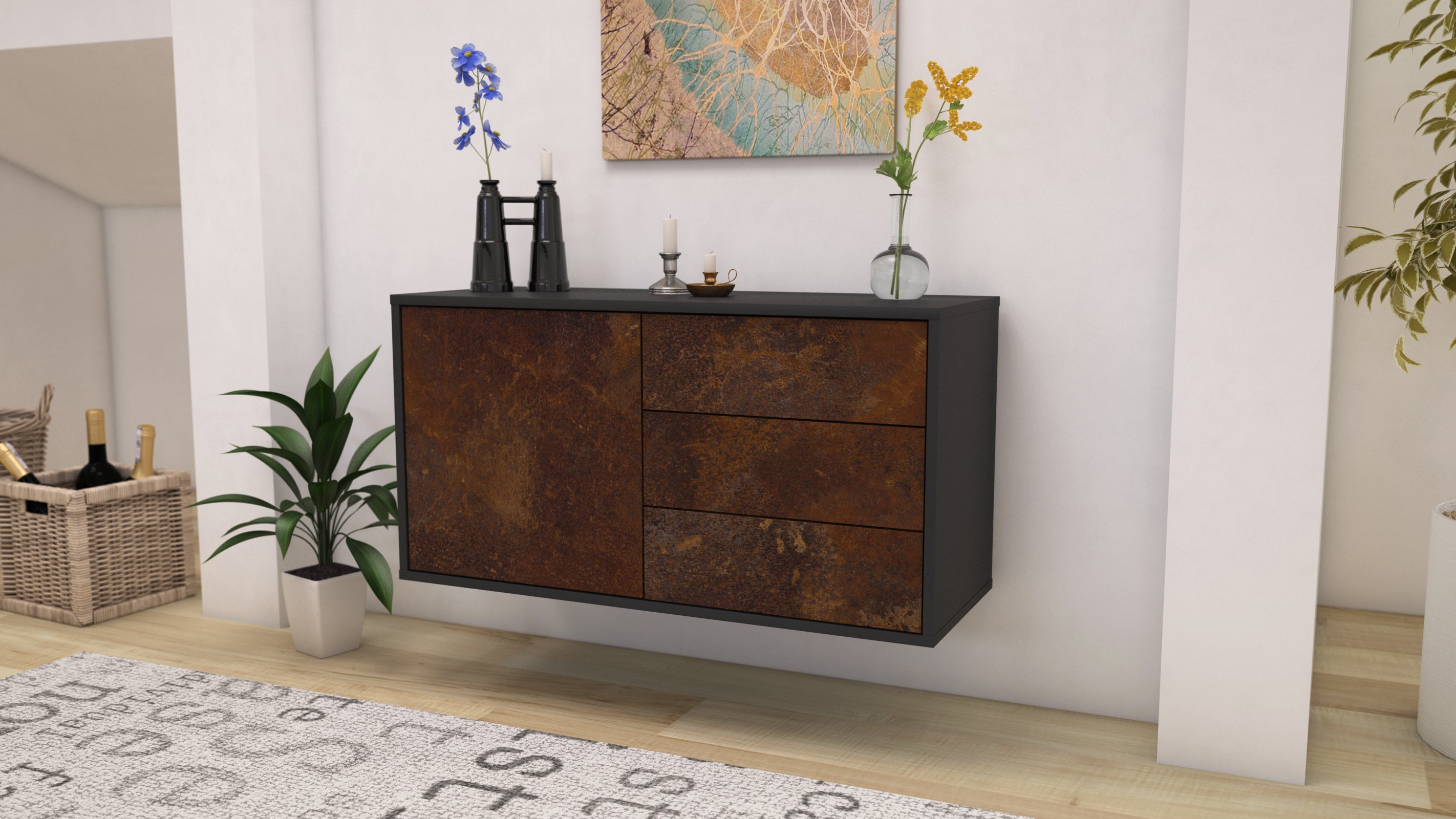 Lowboard - Alessandra - Design Industrie Stil - Wandmontage mit Push to Open 92 cm Anthrazit