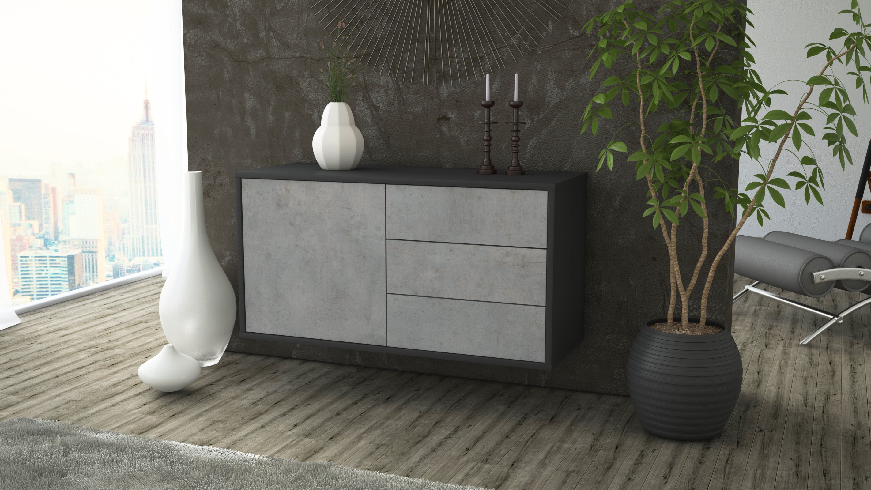 Lowboard - Alessandra - Design Industrie Stil - Wandmontage mit Push to Open 92 cm Anthrazit