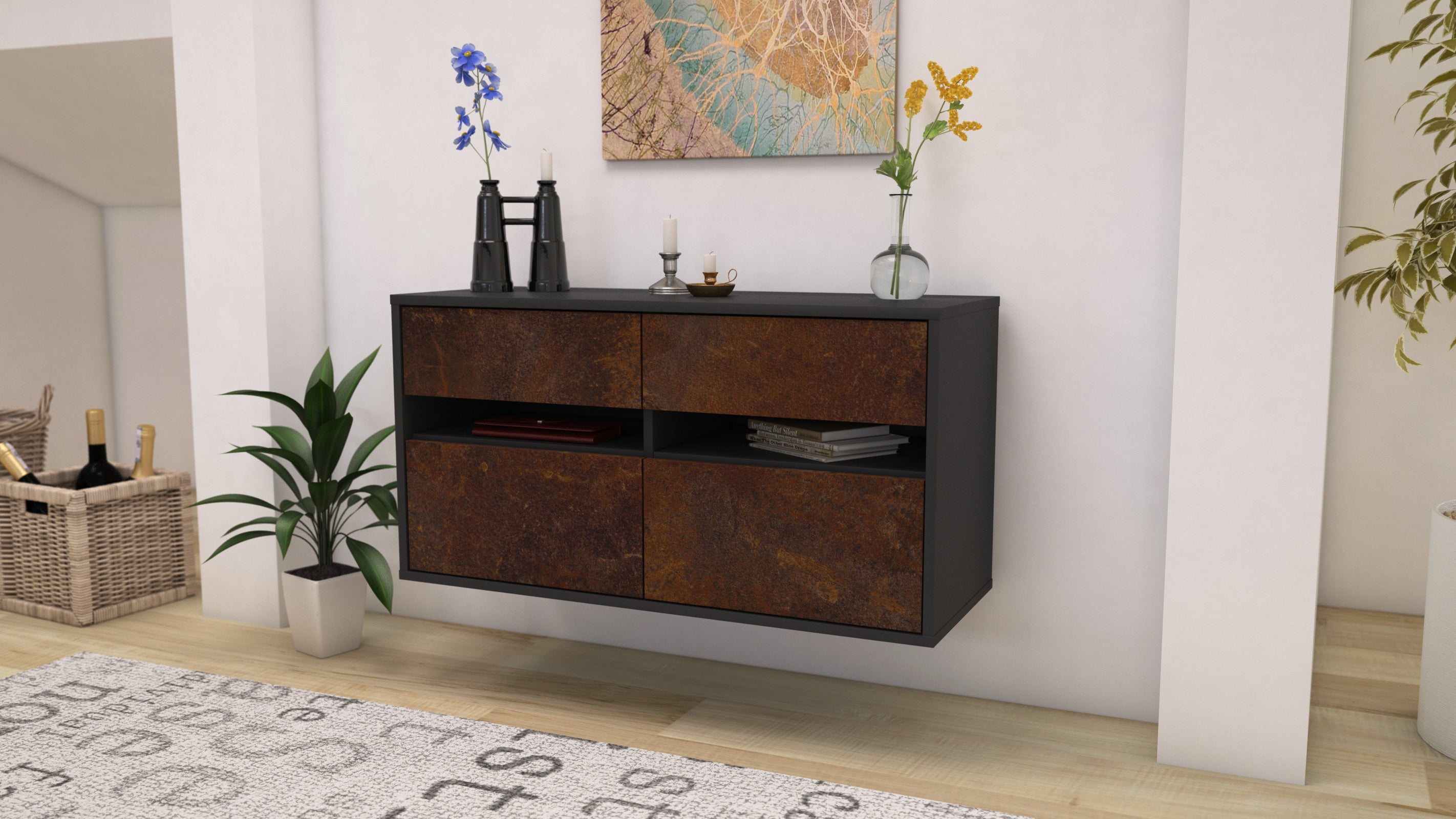 Lowboard - Alice - Design Industrie Stil - Wandmontage mit Push to Open 92 cm Anthrazit