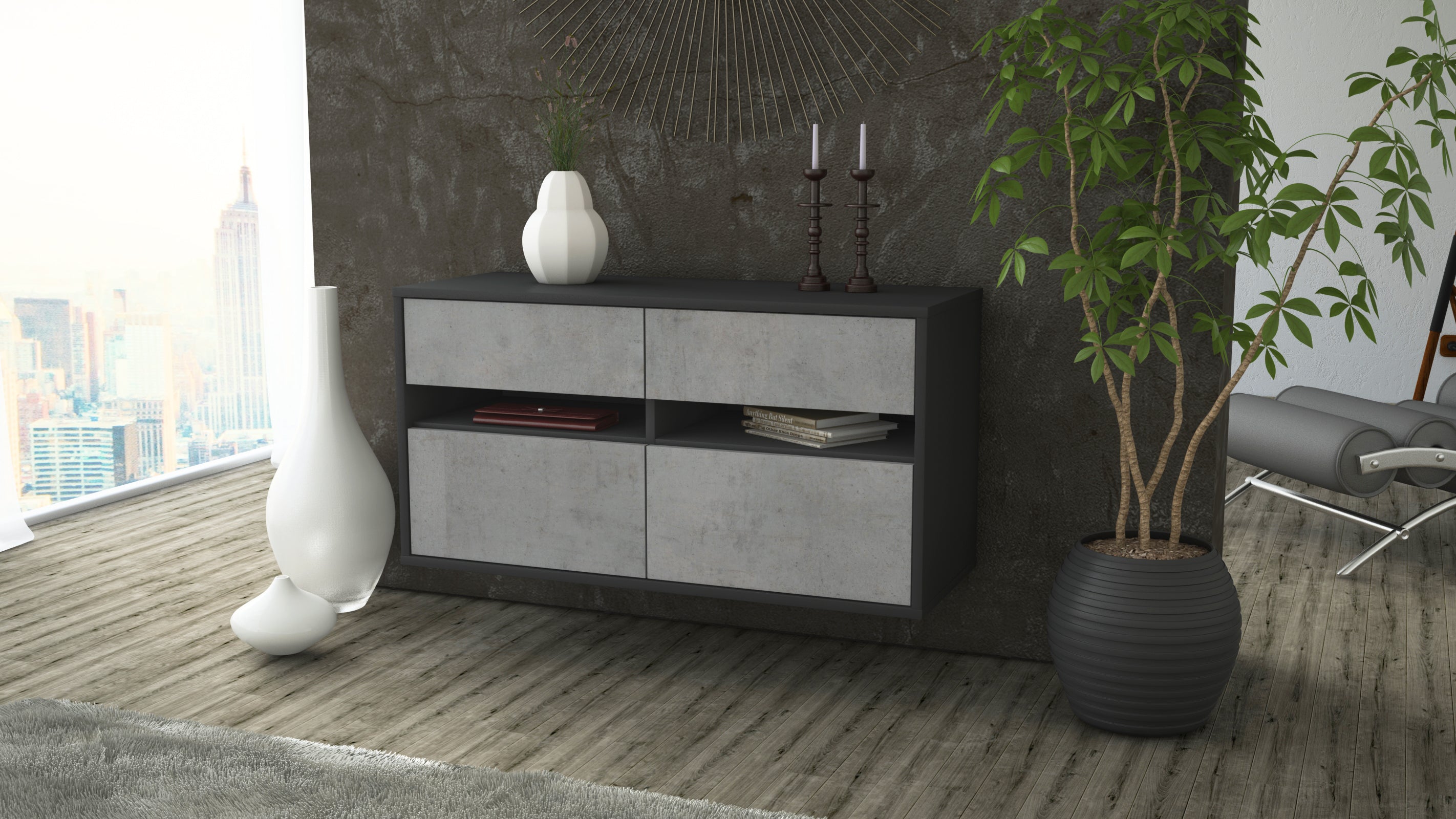 Lowboard - Alice - Design Industrie Stil - Wandmontage mit Push to Open 92 cm Anthrazit