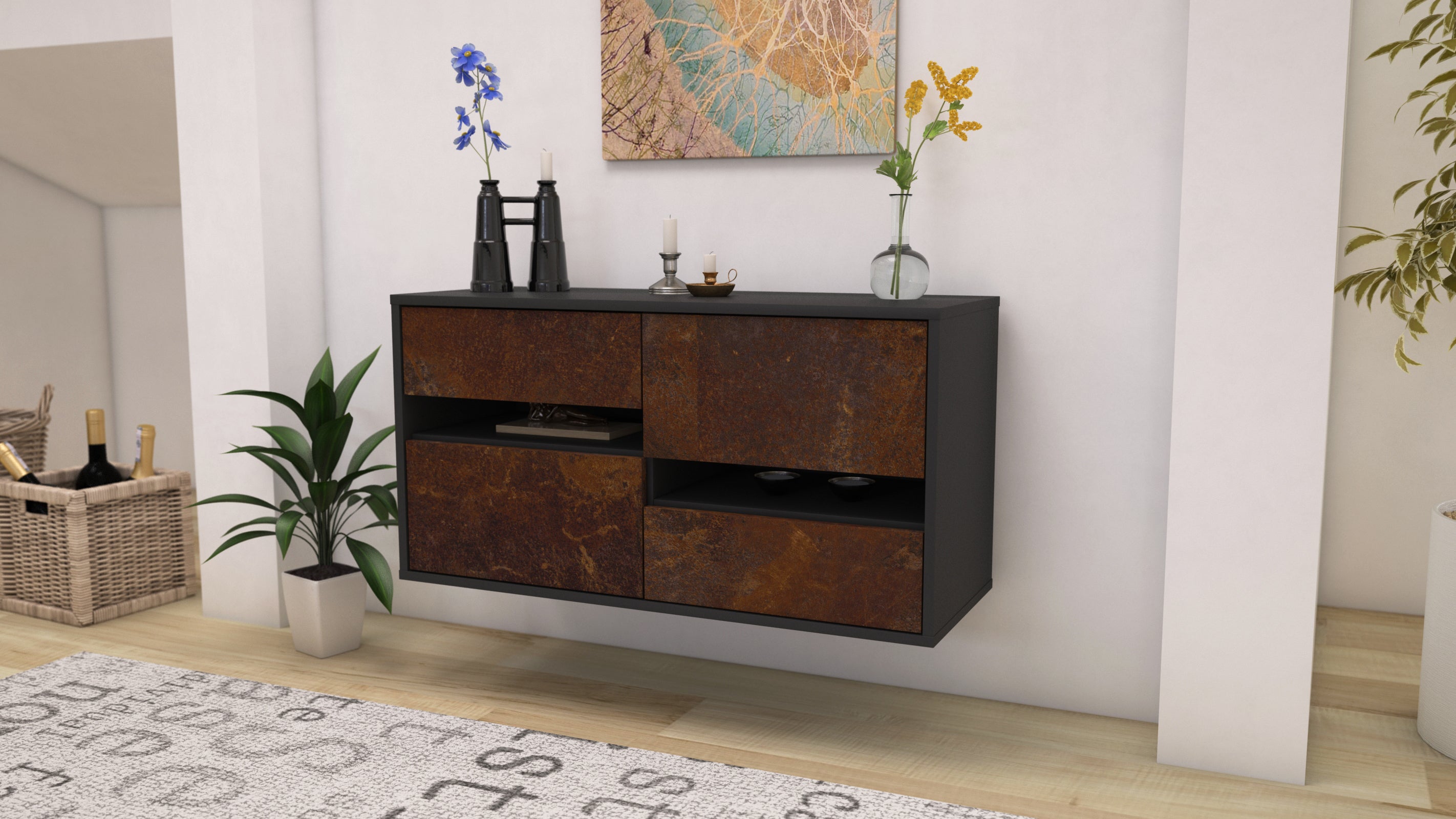 Lowboard - Alina - Design Industrie Stil - Wandmontage mit Push to Open 92 cm Anthrazit