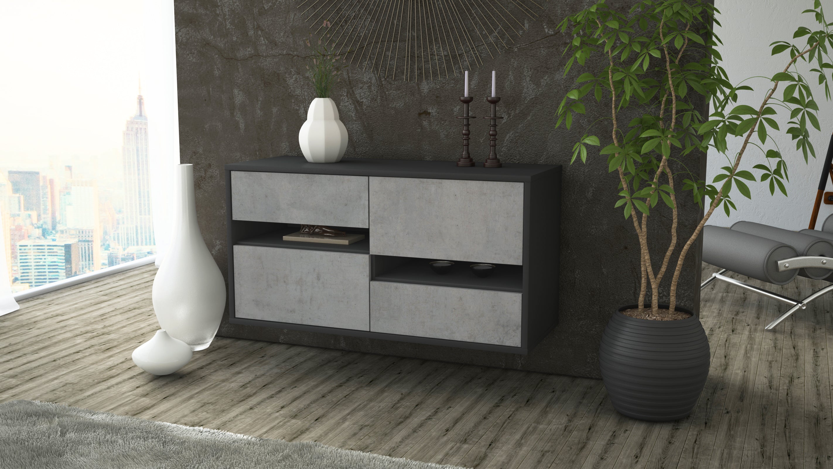 Lowboard - Alina - Design Industrie Stil - Wandmontage mit Push to Open 92 cm Anthrazit