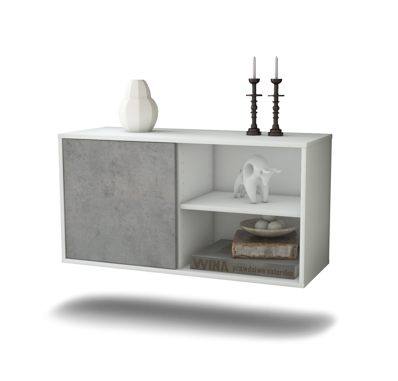 Lowboard - Adelia - Design Industrie Stil - Wandmontage mit Push to Open 92 cm Weiss