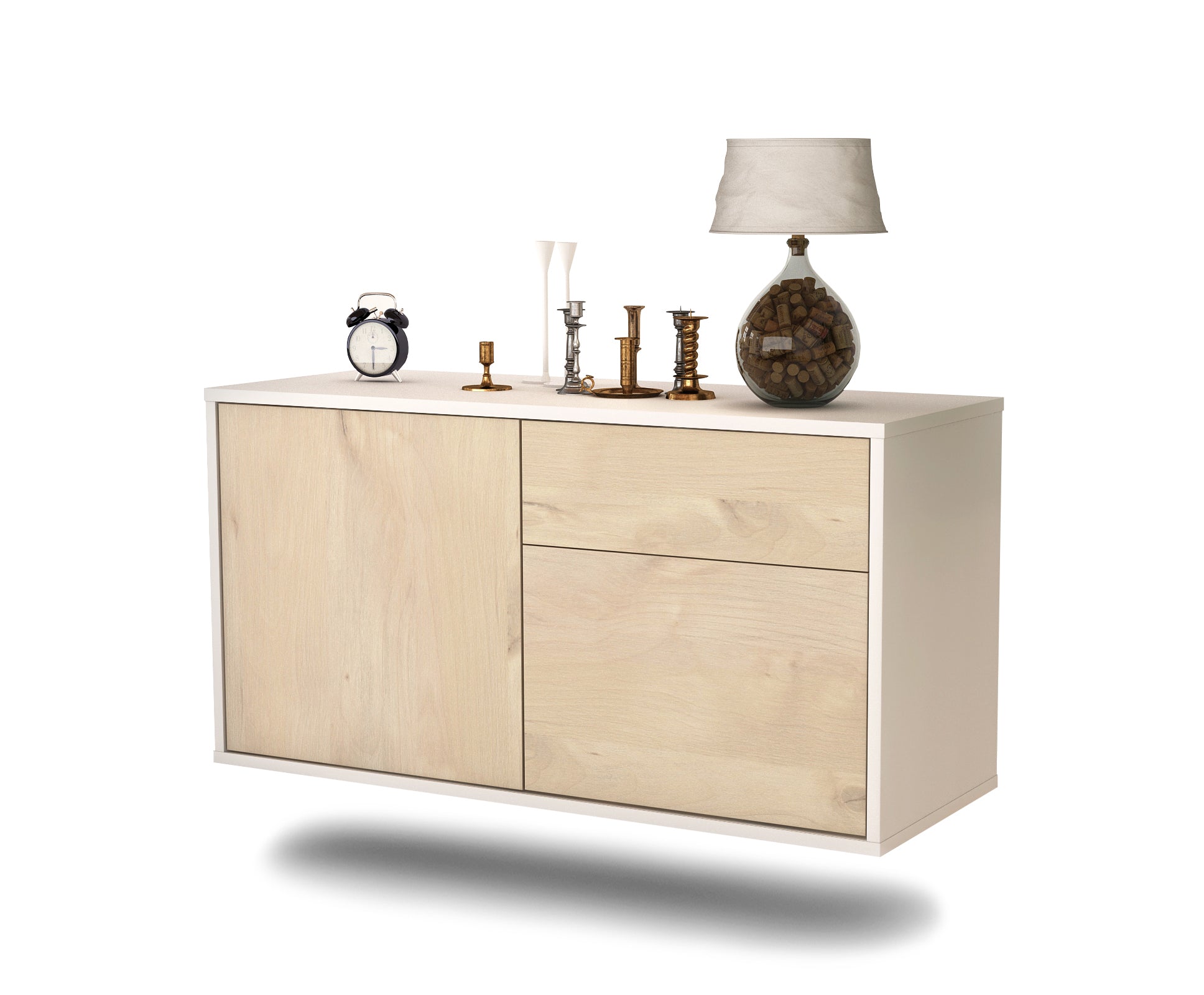 Lowboard - Aja - Design Holzdekor - Wandmontage mit Push to Open 92 cm Weiss