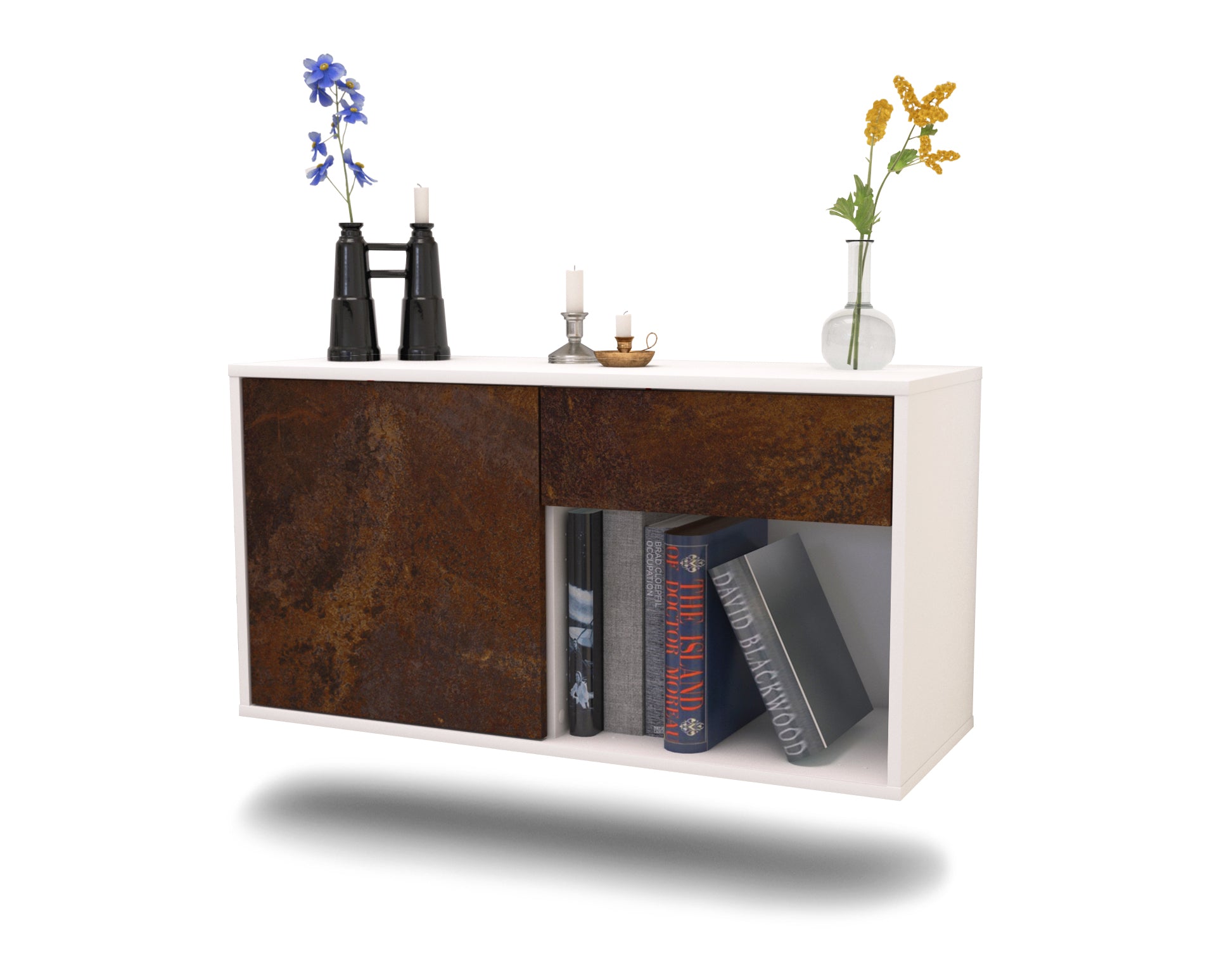 Lowboard - Alberina - Design Industrie Stil - Wandmontage mit Push to Open 92 cm Weiss