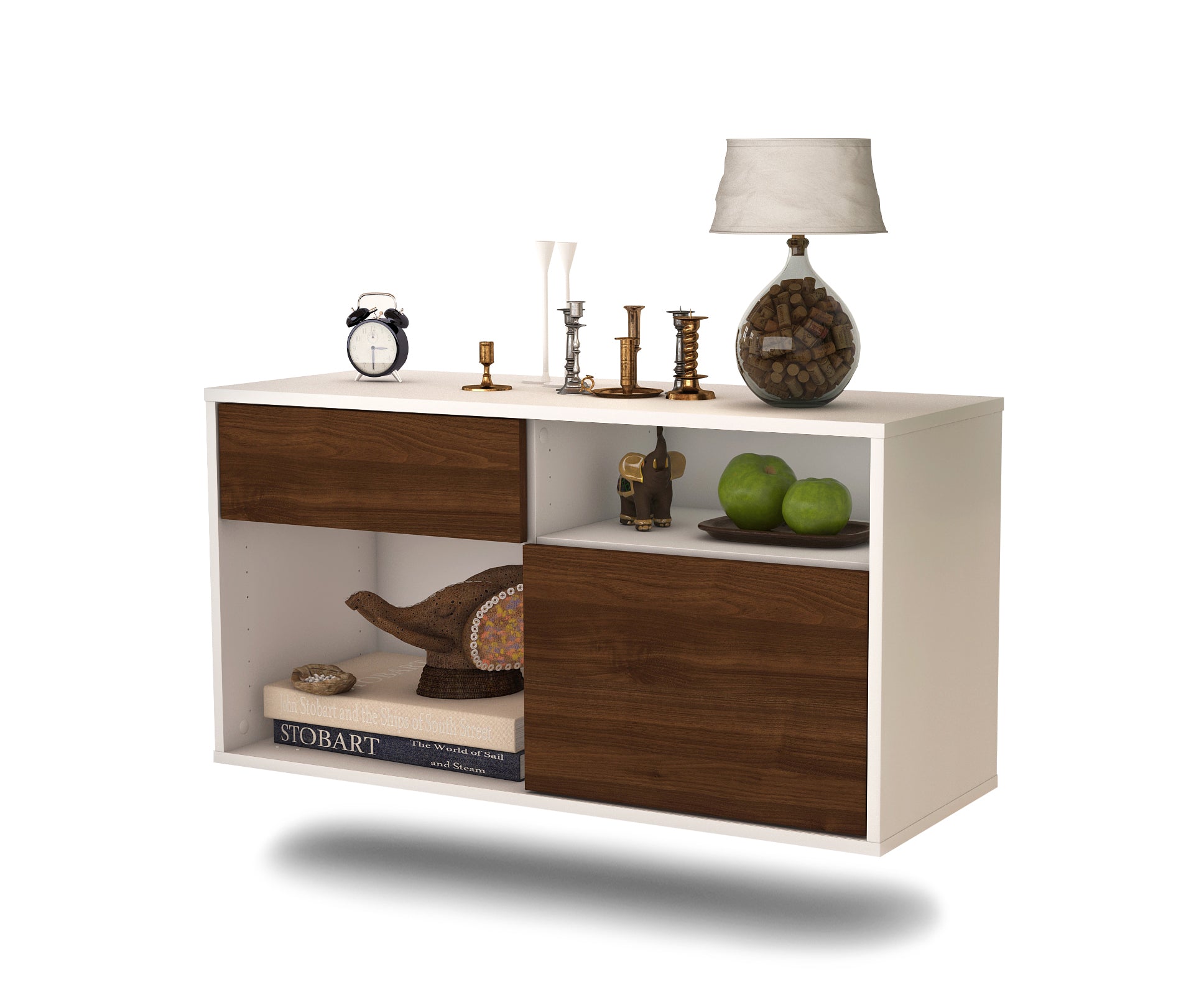 Lowboard - Albina - Design Holzdekor - Wandmontage mit Push to Open 92 cm Weiss