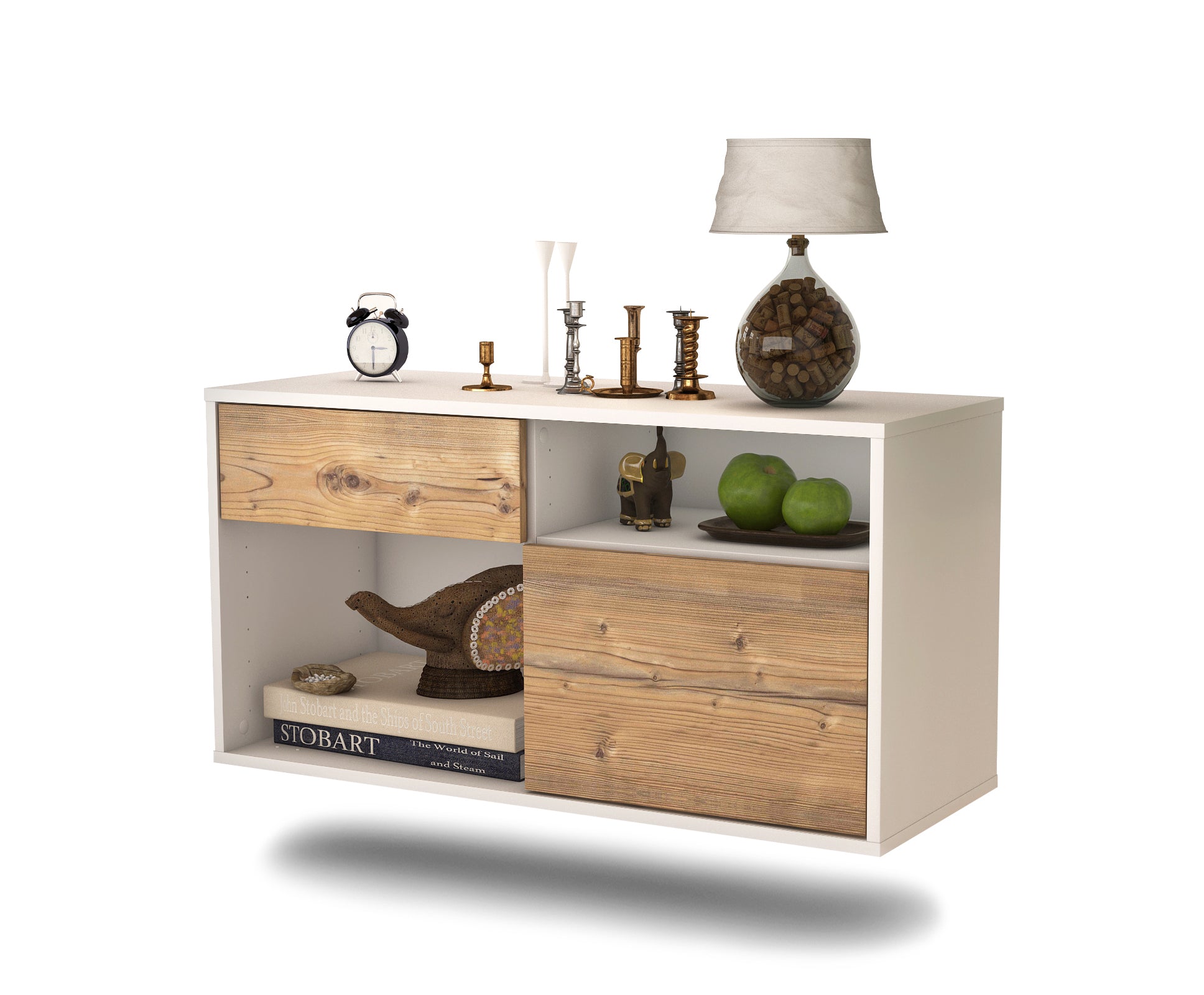 Lowboard - Albina - Design Holzdekor - Wandmontage mit Push to Open 92 cm Weiss