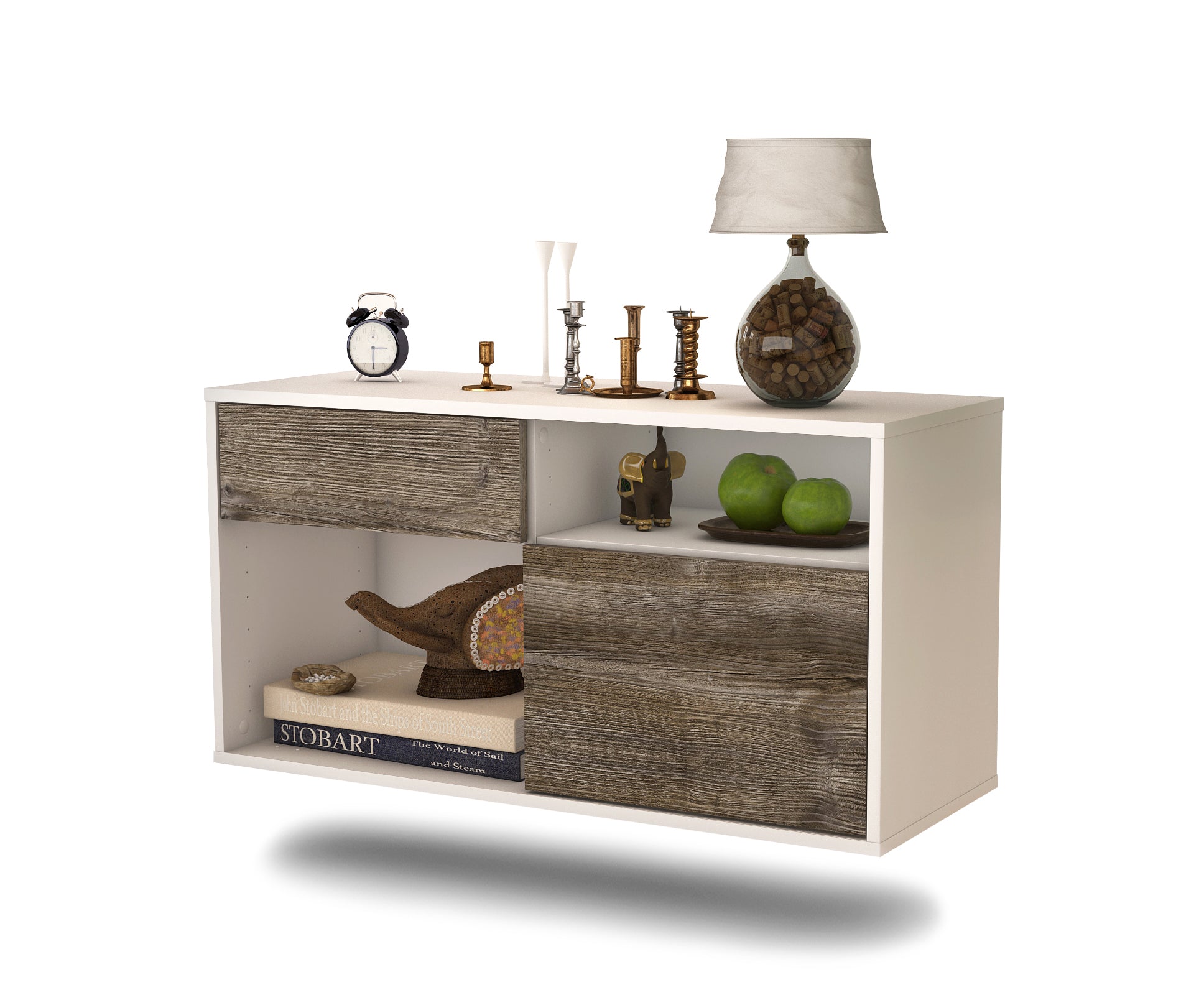 Lowboard - Albina - Design Holzdekor - Wandmontage mit Push to Open 92 cm Weiss