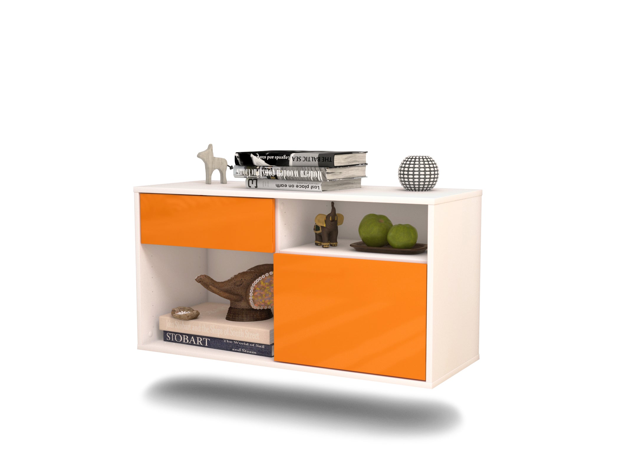 Lowboard - Albina - Design Hochglanz - Wandmontage mit Push to Open 92 cm Weiss