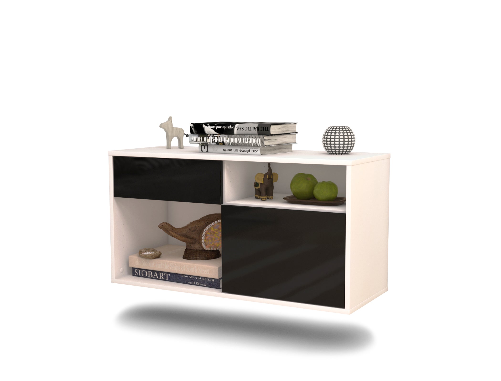 Lowboard - Albina - Design Hochglanz - Wandmontage mit Push to Open 92 cm Weiss