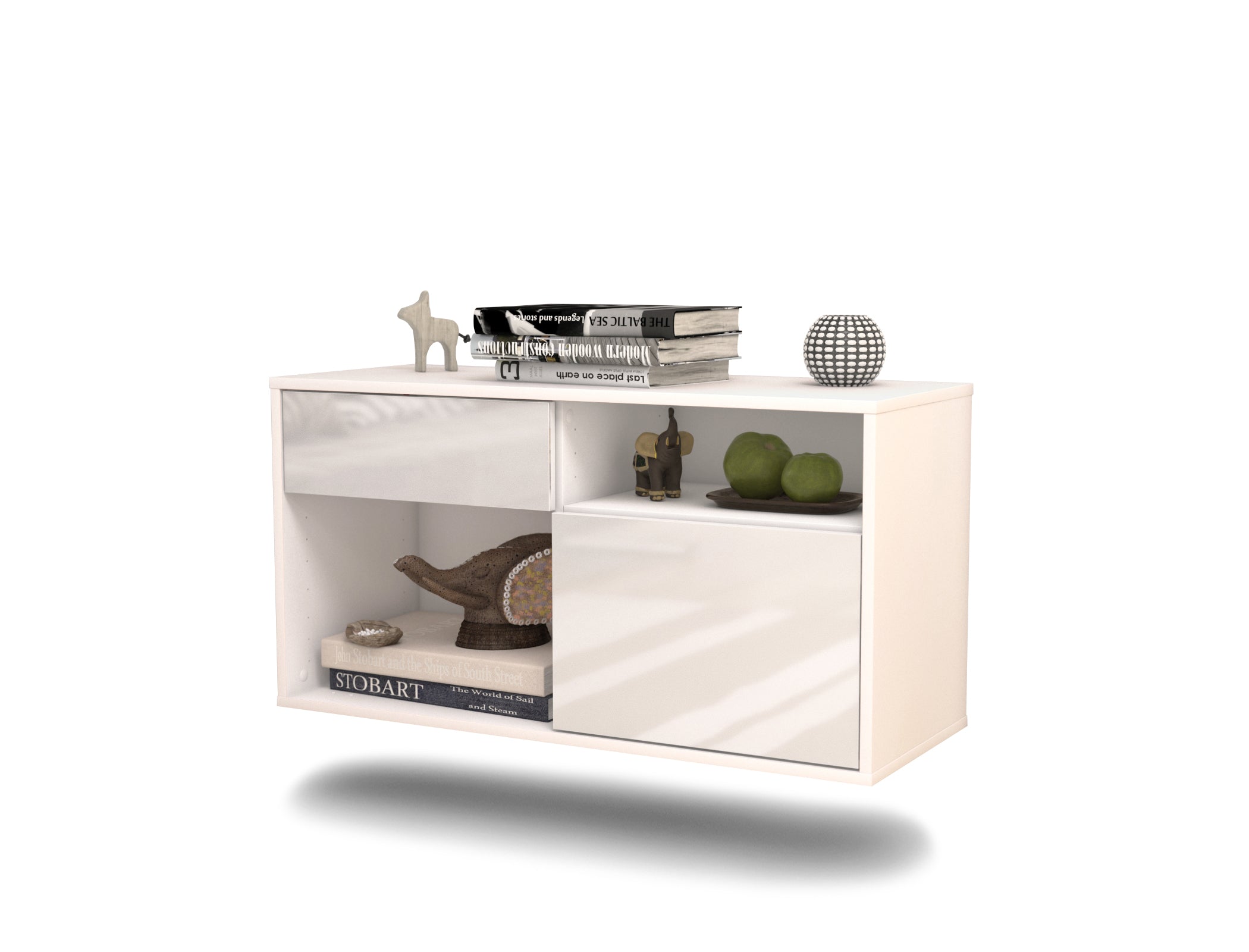 Lowboard - Albina - Design Hochglanz - Wandmontage mit Push to Open 92 cm Weiss