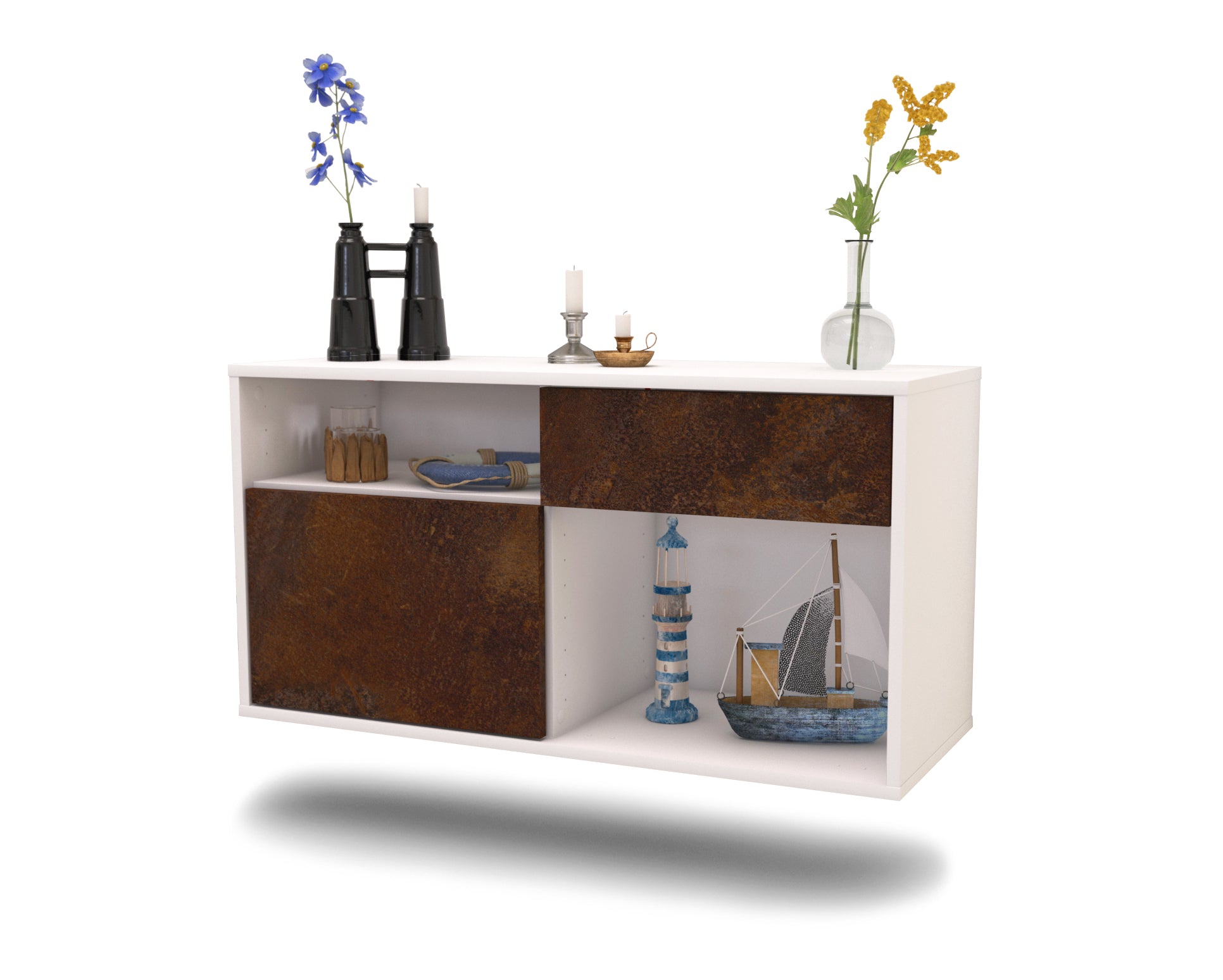 Lowboard - Alecia - Design Industrie Stil - Wandmontage mit Push to Open 92 cm Weiss