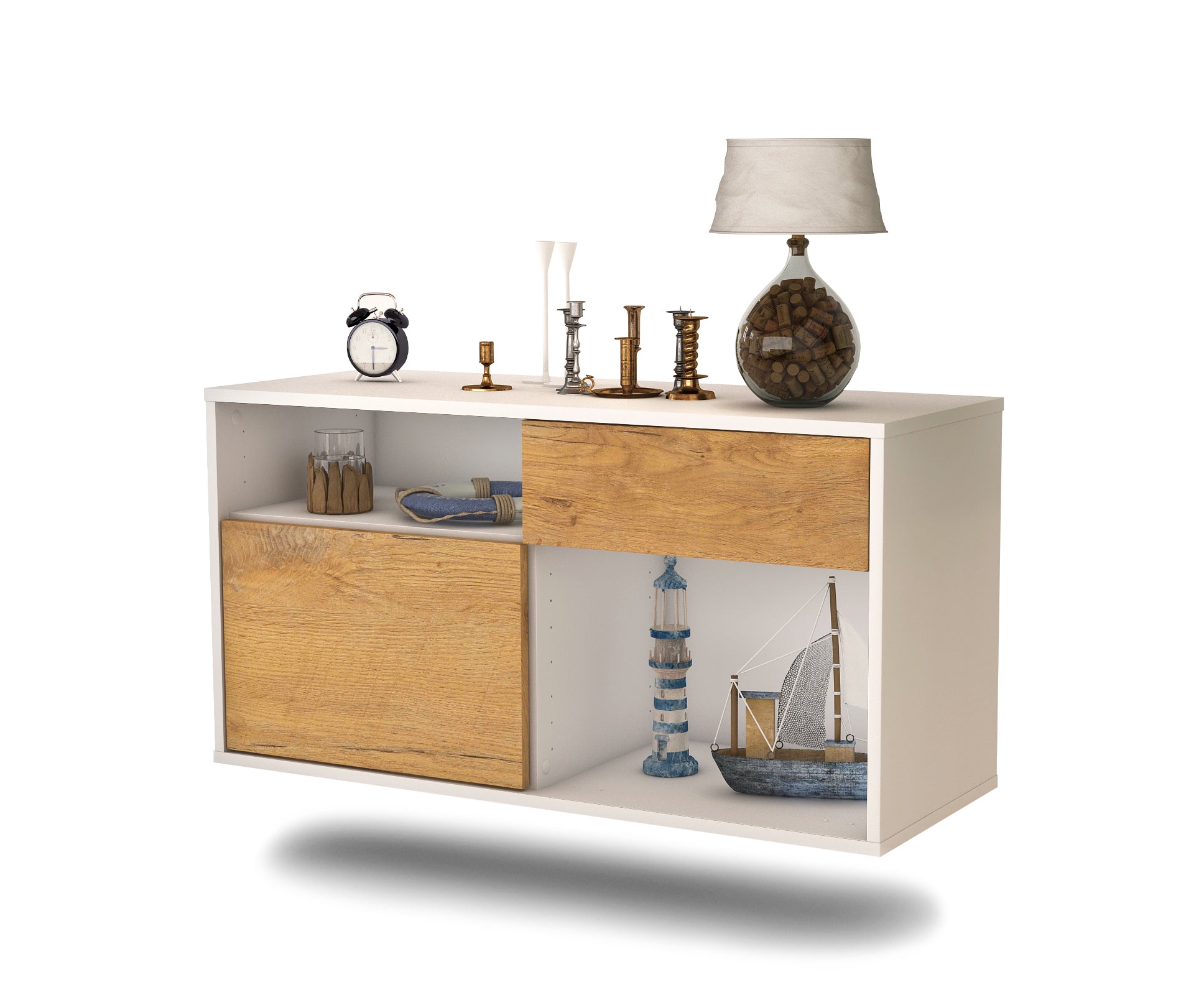 Lowboard - Alecia - Design Holzdekor - Wandmontage mit Push to Open 92 cm Weiss