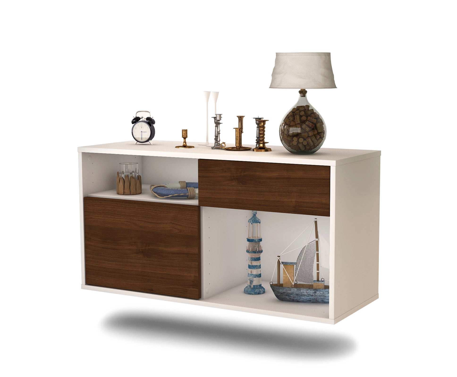 Lowboard - Alecia - Design Holzdekor - Wandmontage mit Push to Open 92 cm Weiss
