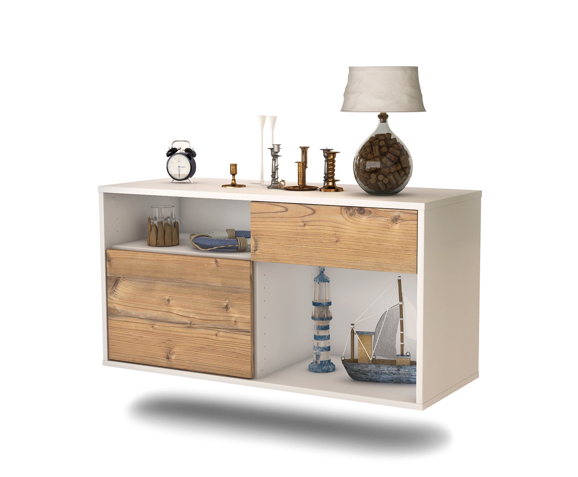 Lowboard - Alecia - Design Holzdekor - Wandmontage mit Push to Open 92 cm Weiss