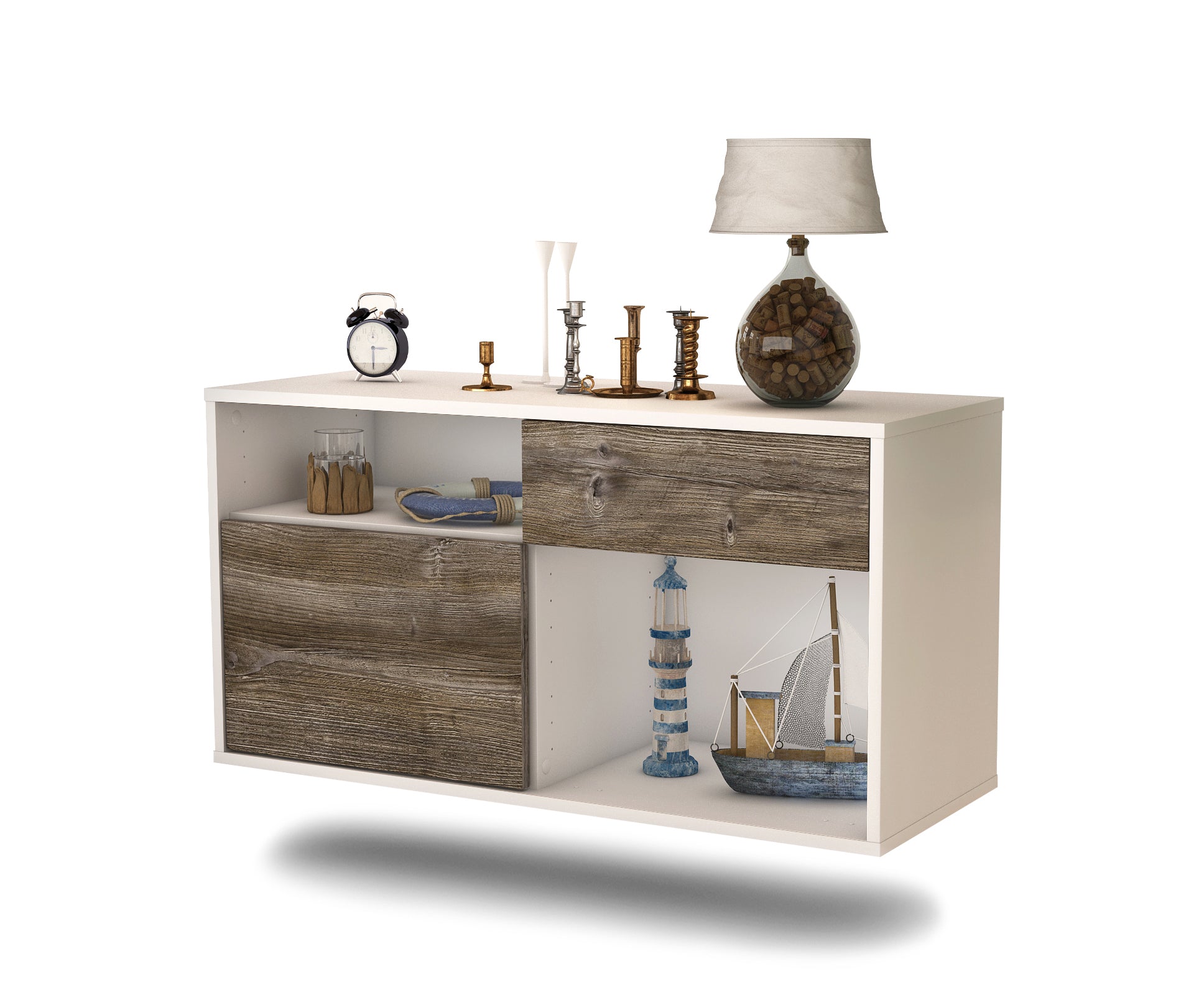 Lowboard - Alecia - Design Holzdekor - Wandmontage mit Push to Open 92 cm Weiss