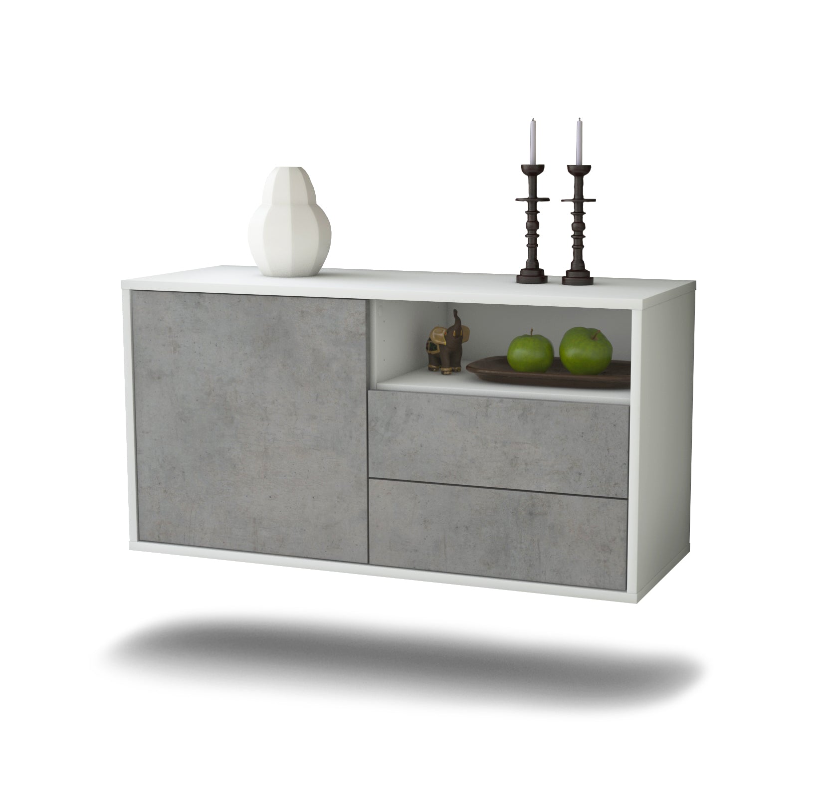 Lowboard - Alessia - Design Industrie Stil - Wandmontage mit Push to Open 92 cm Weiss