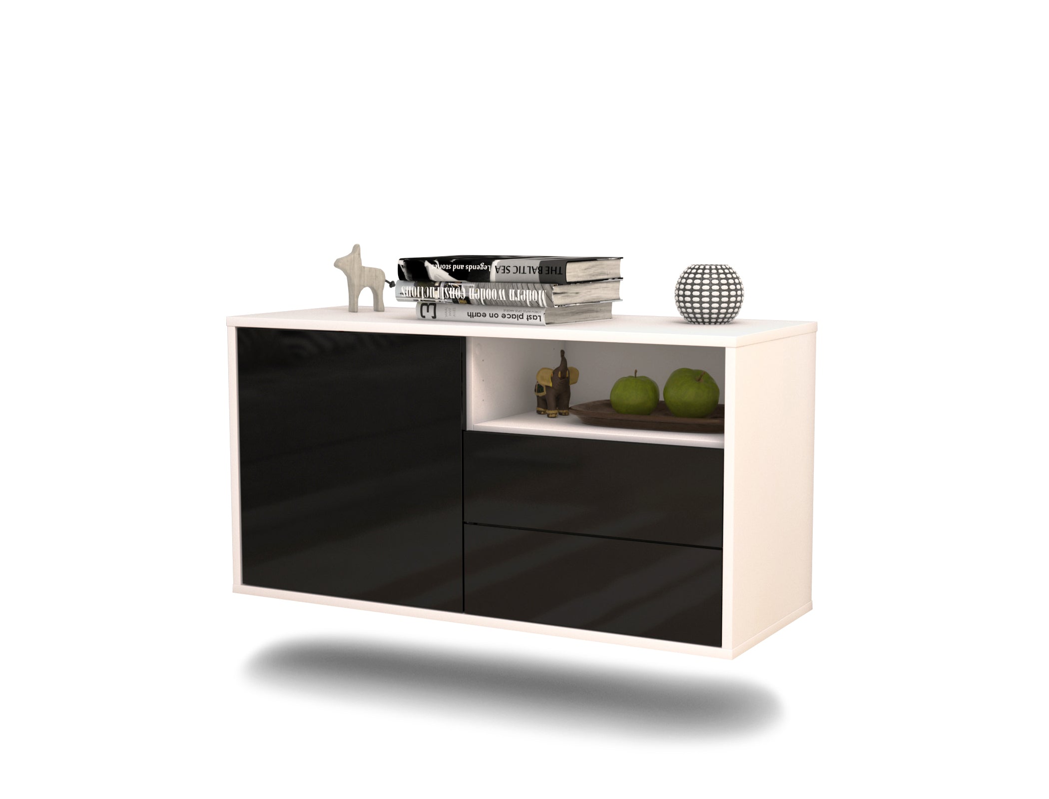 Lowboard - Alessia - Design Hochglanz - Wandmontage mit Push to Open 92 cm Weiss