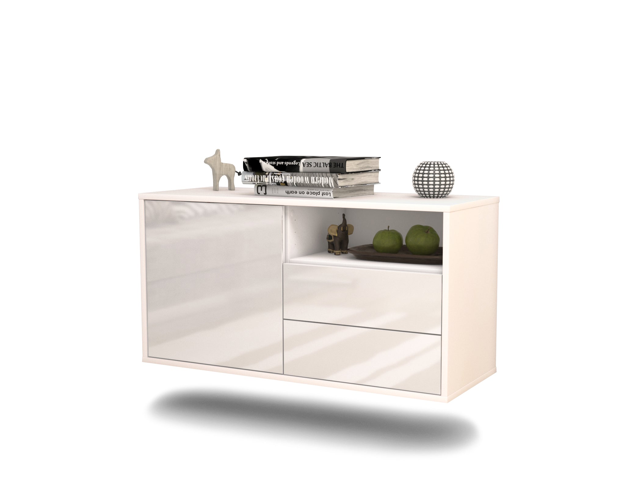 Lowboard - Alessia - Design Hochglanz - Wandmontage mit Push to Open 92 cm Weiss