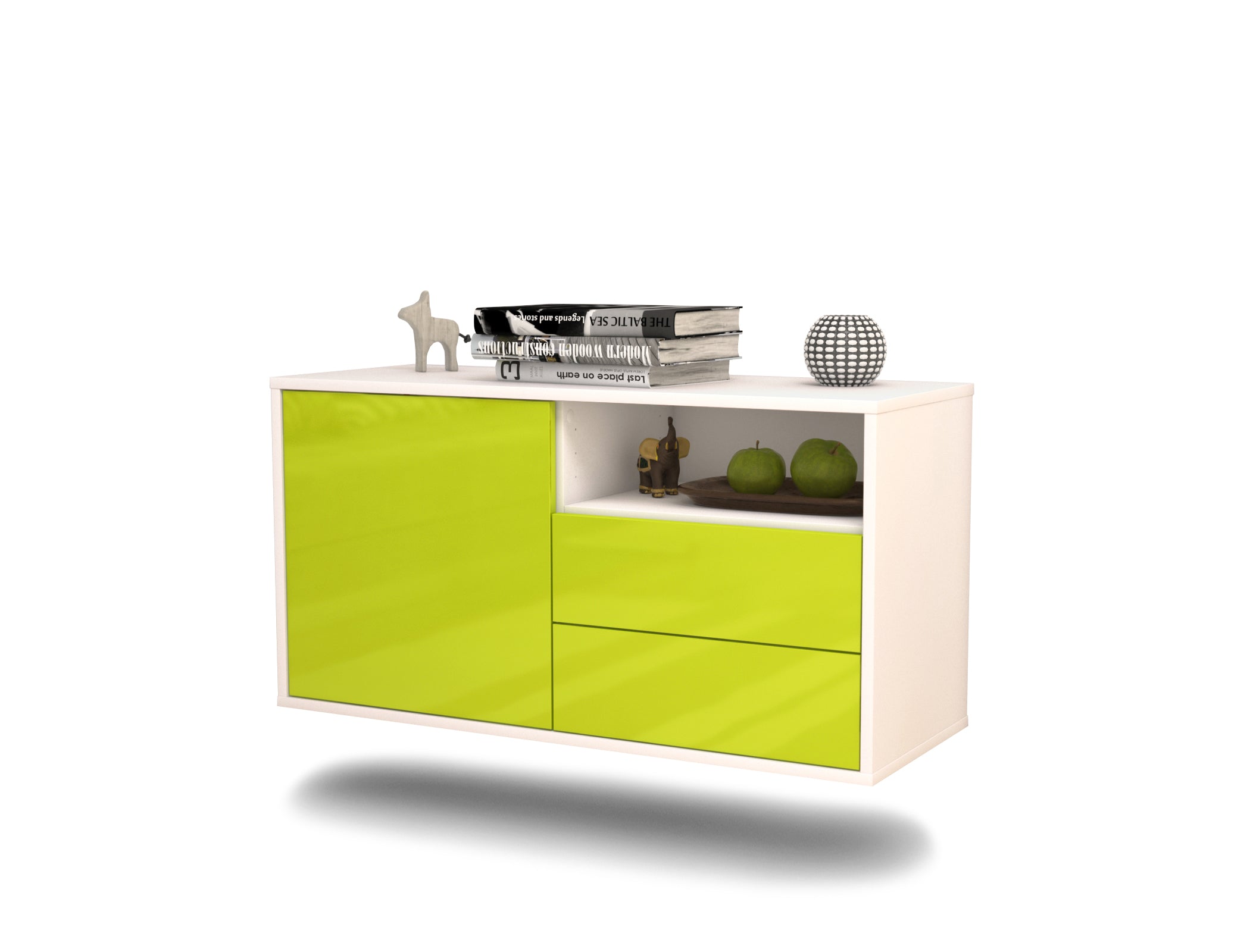 Lowboard - Alessia - Design Hochglanz - Wandmontage mit Push to Open 92 cm Weiss