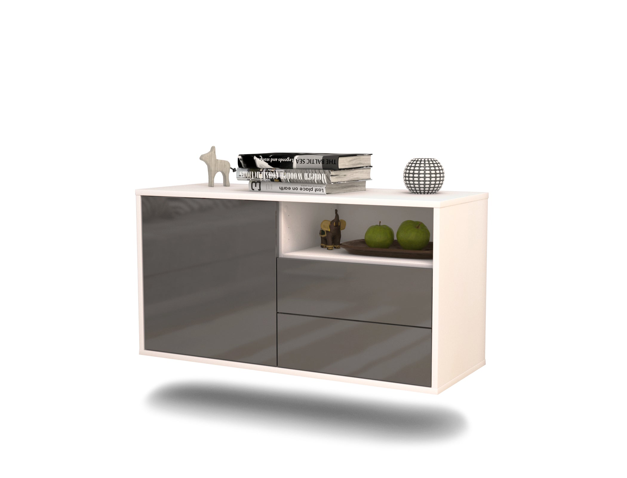 Lowboard - Alessia - Design Hochglanz - Wandmontage mit Push to Open 92 cm Weiss