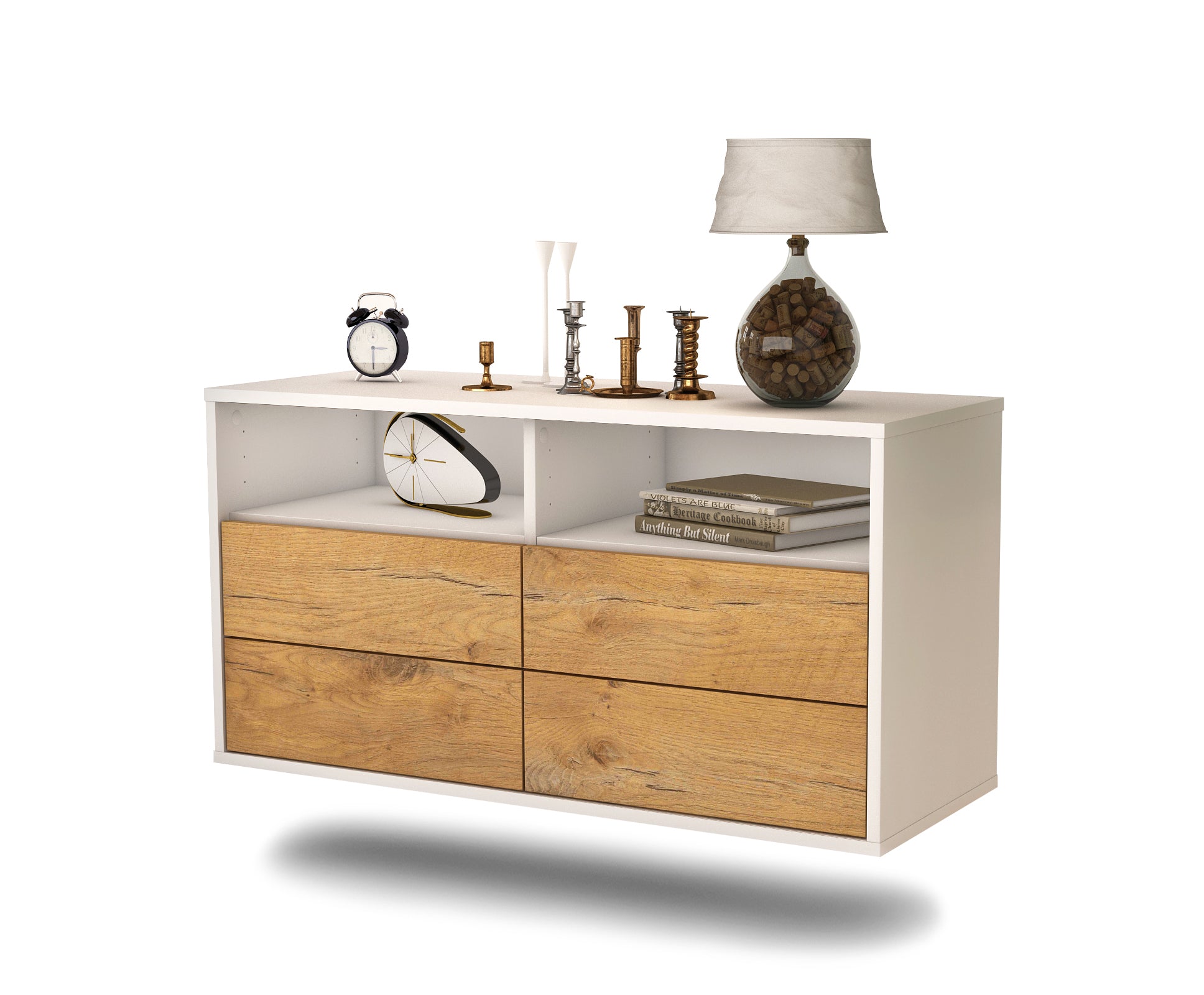 Lowboard - Alia - Design Holzdekor - Wandmontage mit Push to Open 92 cm Weiss