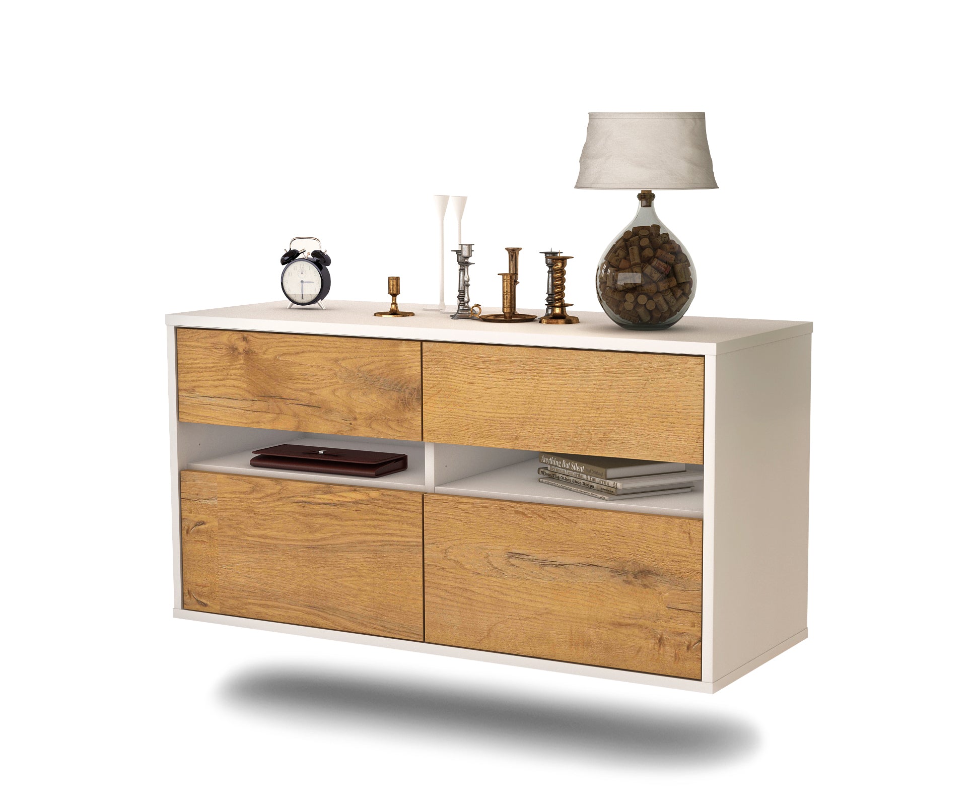 Lowboard - Alice - Design Holzdekor - Wandmontage mit Push to Open 92 cm Weiss