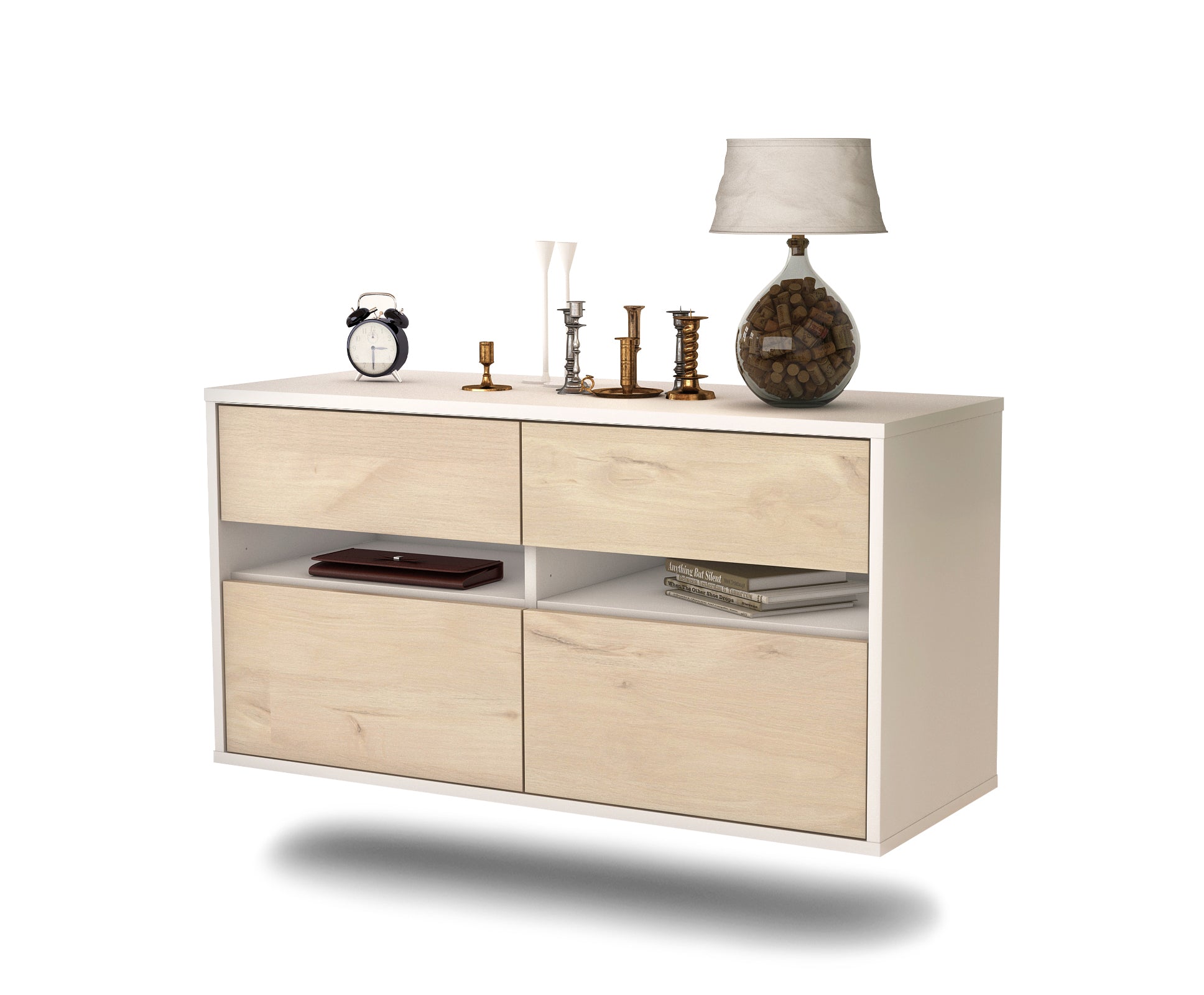 Lowboard - Alice - Design Holzdekor - Wandmontage mit Push to Open 92 cm Weiss