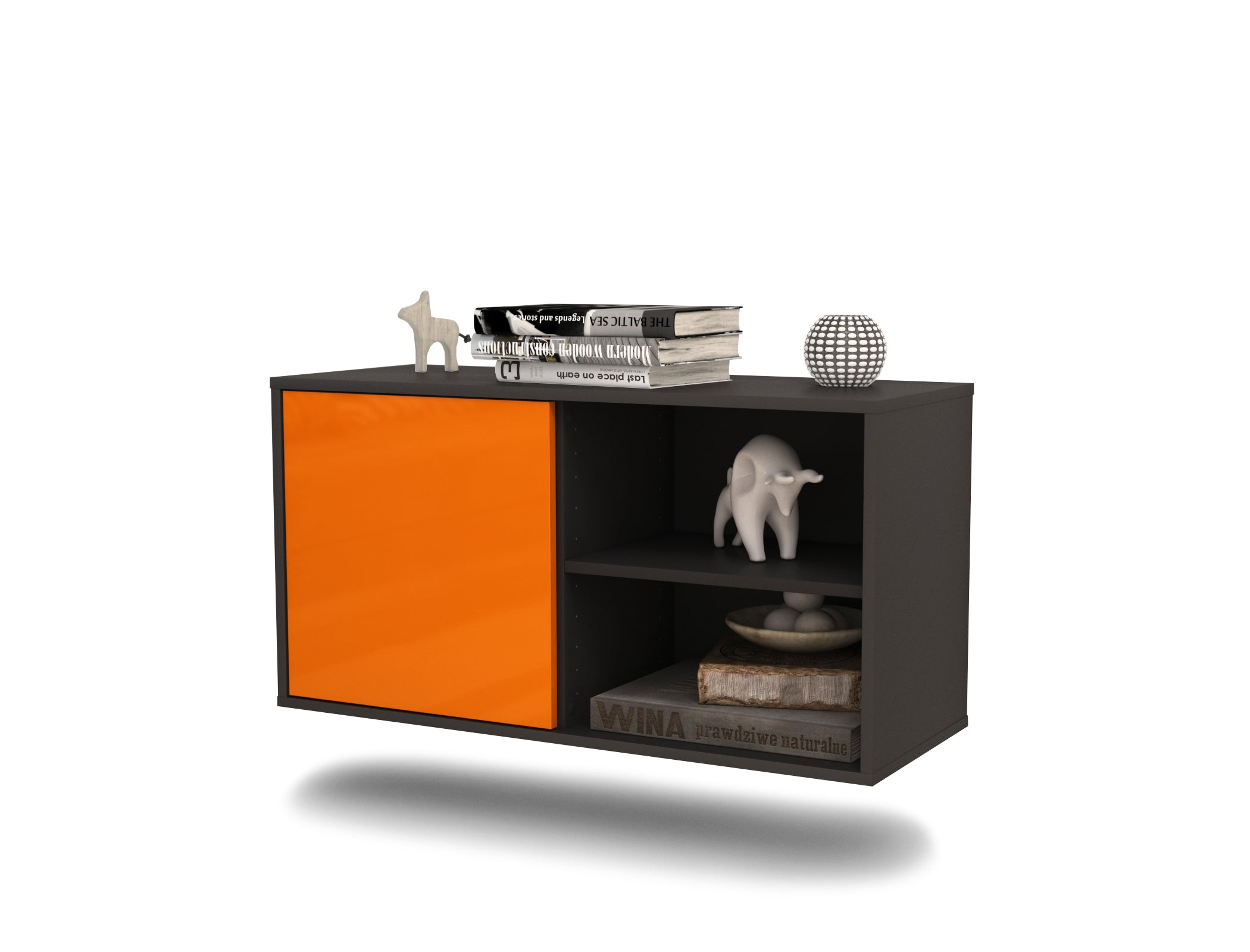 Lowboard - Adelia - Design Hochglanz - Wandmontage mit Push to Open 92 cm Anthrazit