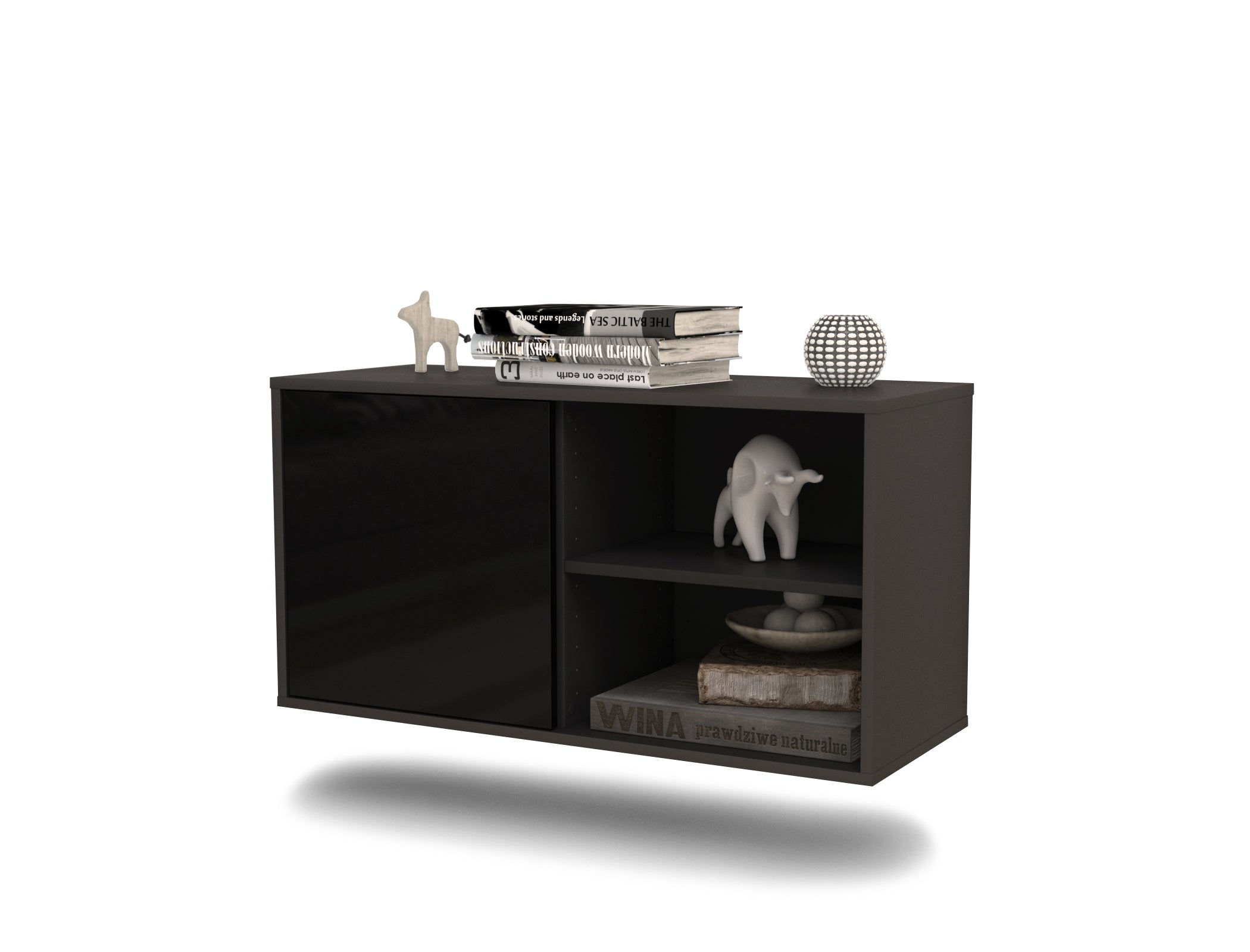Lowboard - Adelia - Design Hochglanz - Wandmontage mit Push to Open 92 cm Anthrazit