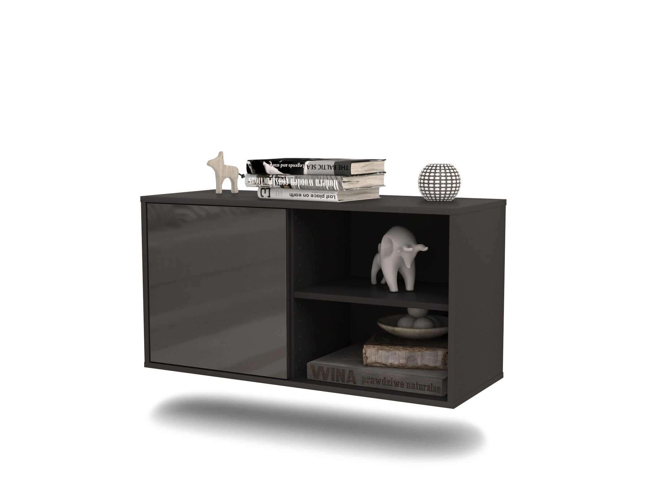 Lowboard - Adelia - Design Hochglanz - Wandmontage mit Push to Open 92 cm Anthrazit