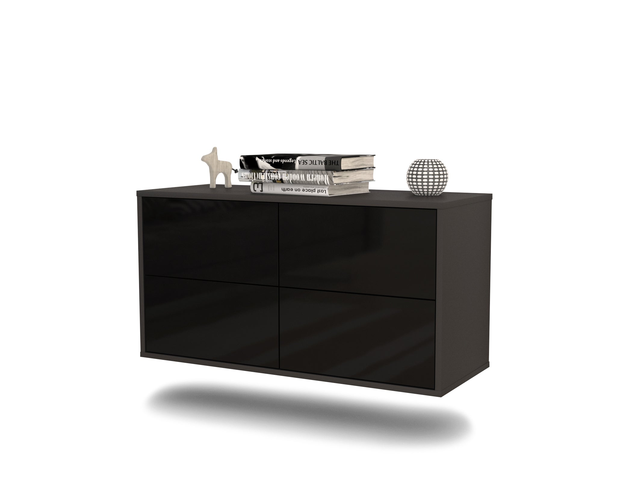 Lowboard - Aella - Design Hochglanz - Wandmontage mit Push to Open 92 cm Anthrazit